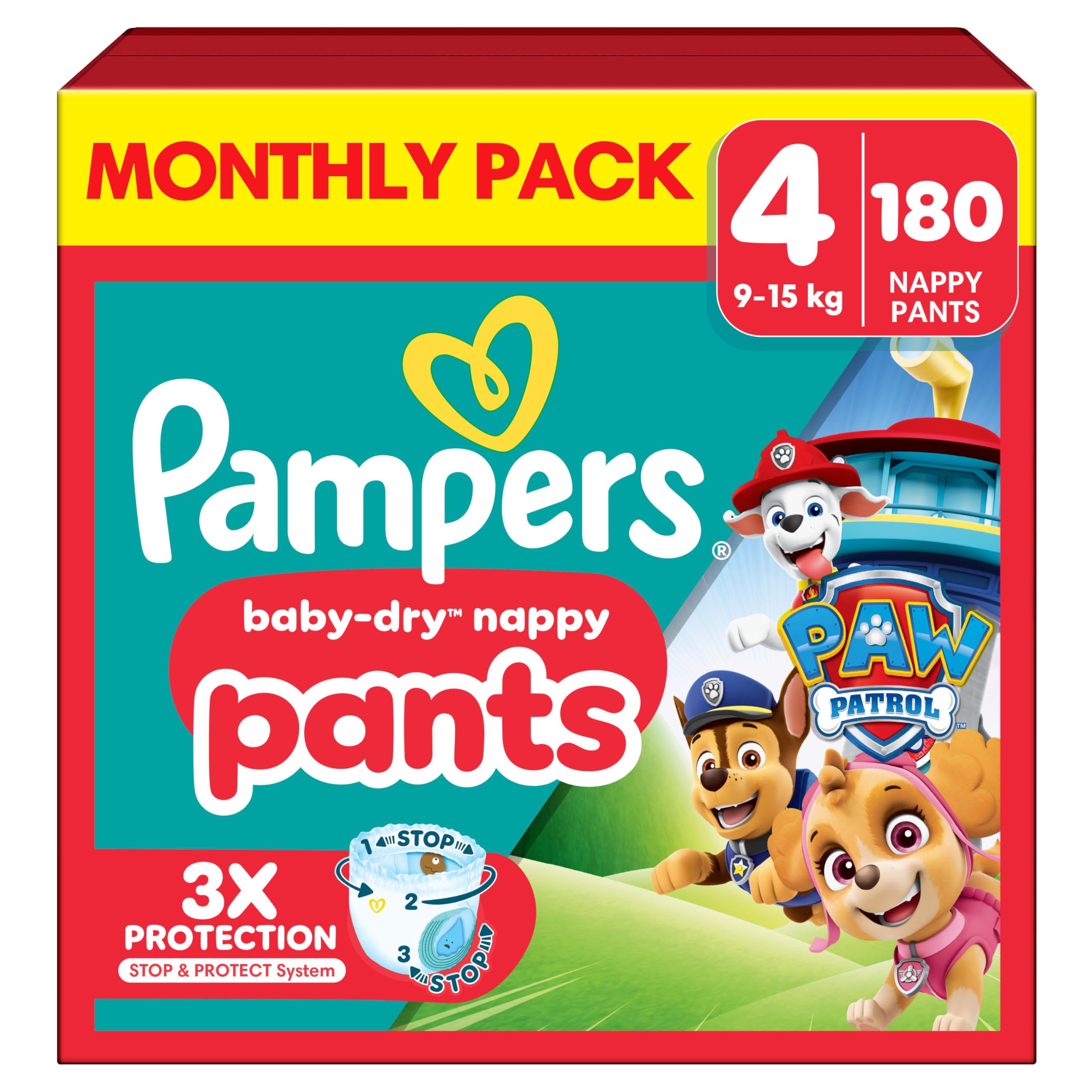 Pampers Baby-Dry Nappy Pants Paw Patrol Edition Size 4, 180 Nappies, 9kg-15kg, Monthly Pack, with Our 360° Pants Fit to Help Prevent Leaks