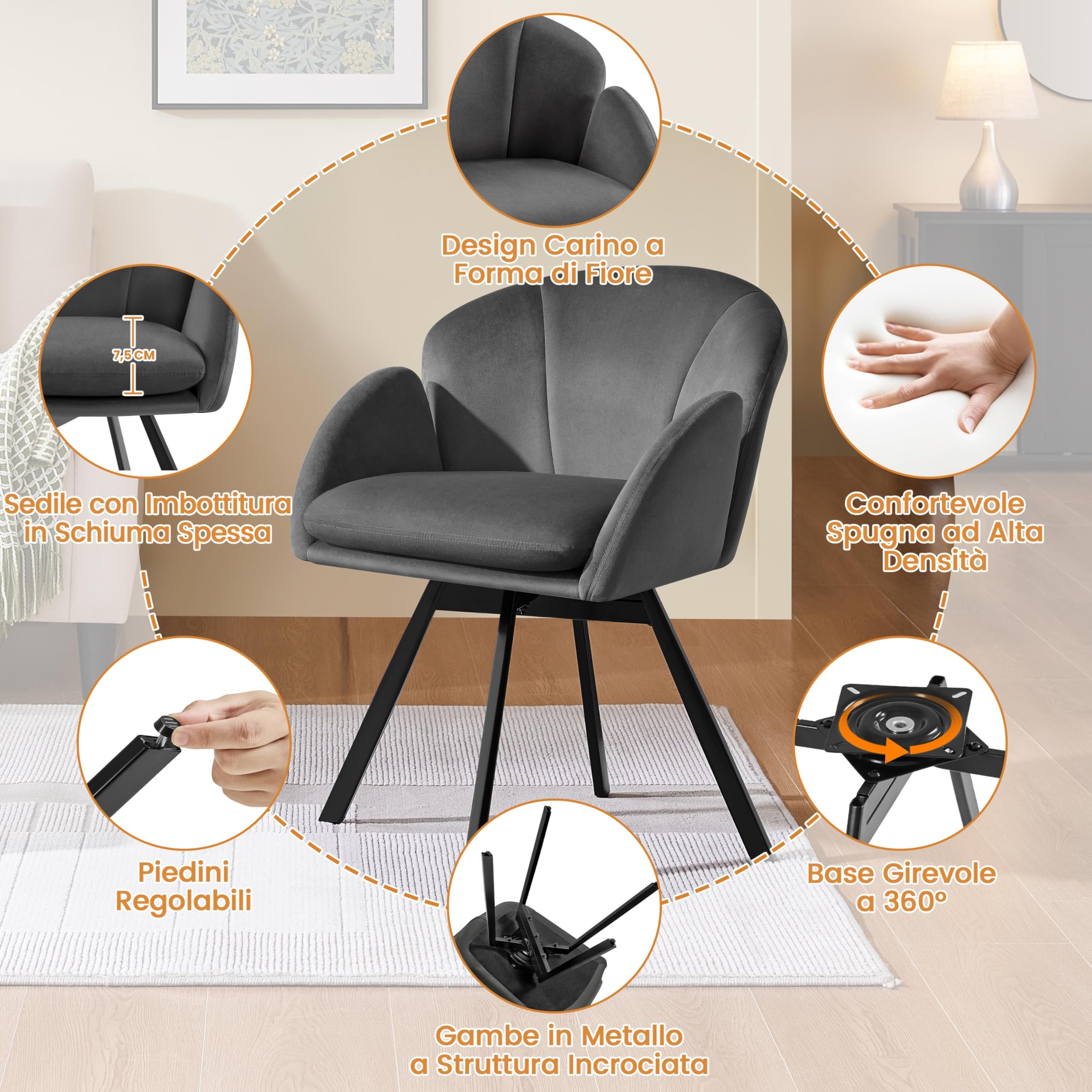 Yaheetech Poltrona Girevole a 360° da Camera da Letto, Sedia da Trucco Moderna a Forma di Fiore in Velluto di Ciniglia, Poltroncina per Camera Salotto Ufficio Grigio Scuro