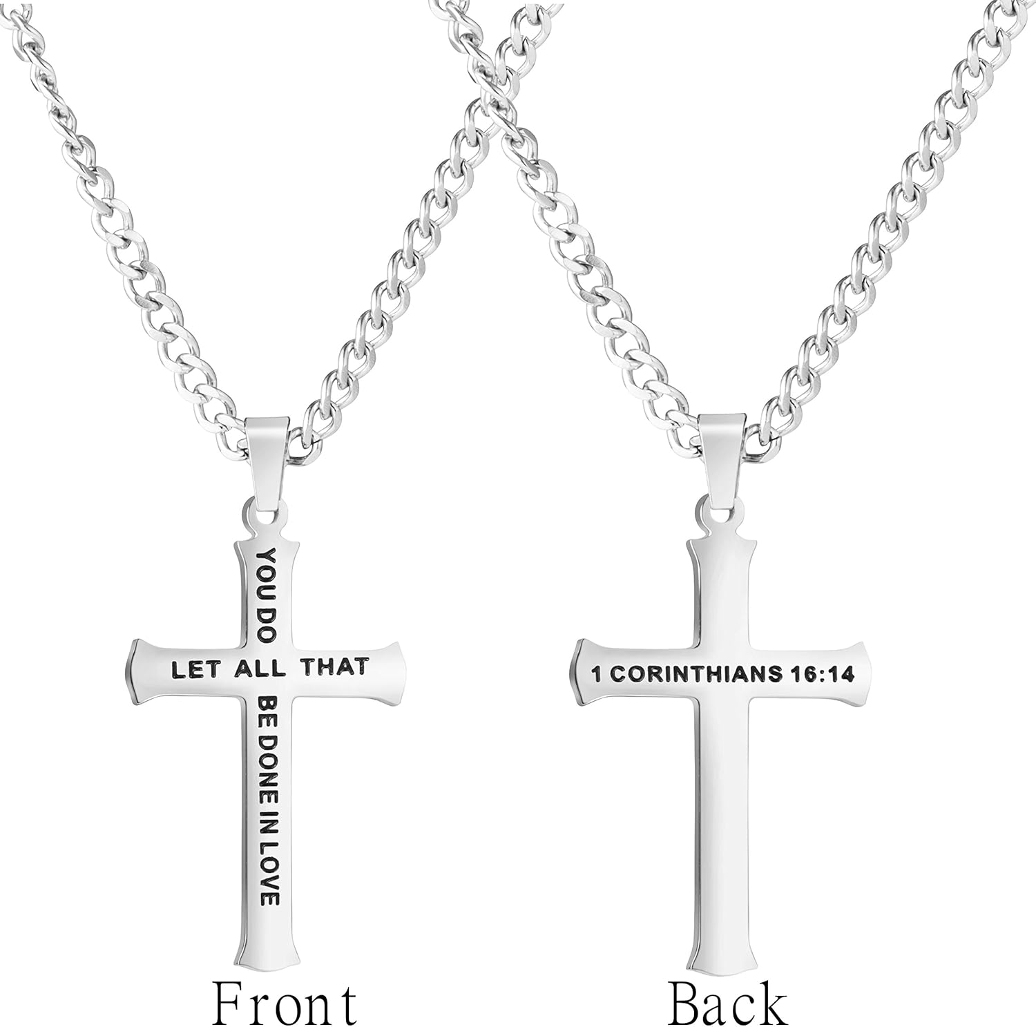 Miniatura 2 de Collar religioso con versículo de la Biblia Cristiana con sello a mano, colgante de cruz de acero inoxidable, regalo para hombres, Acero inoxidable