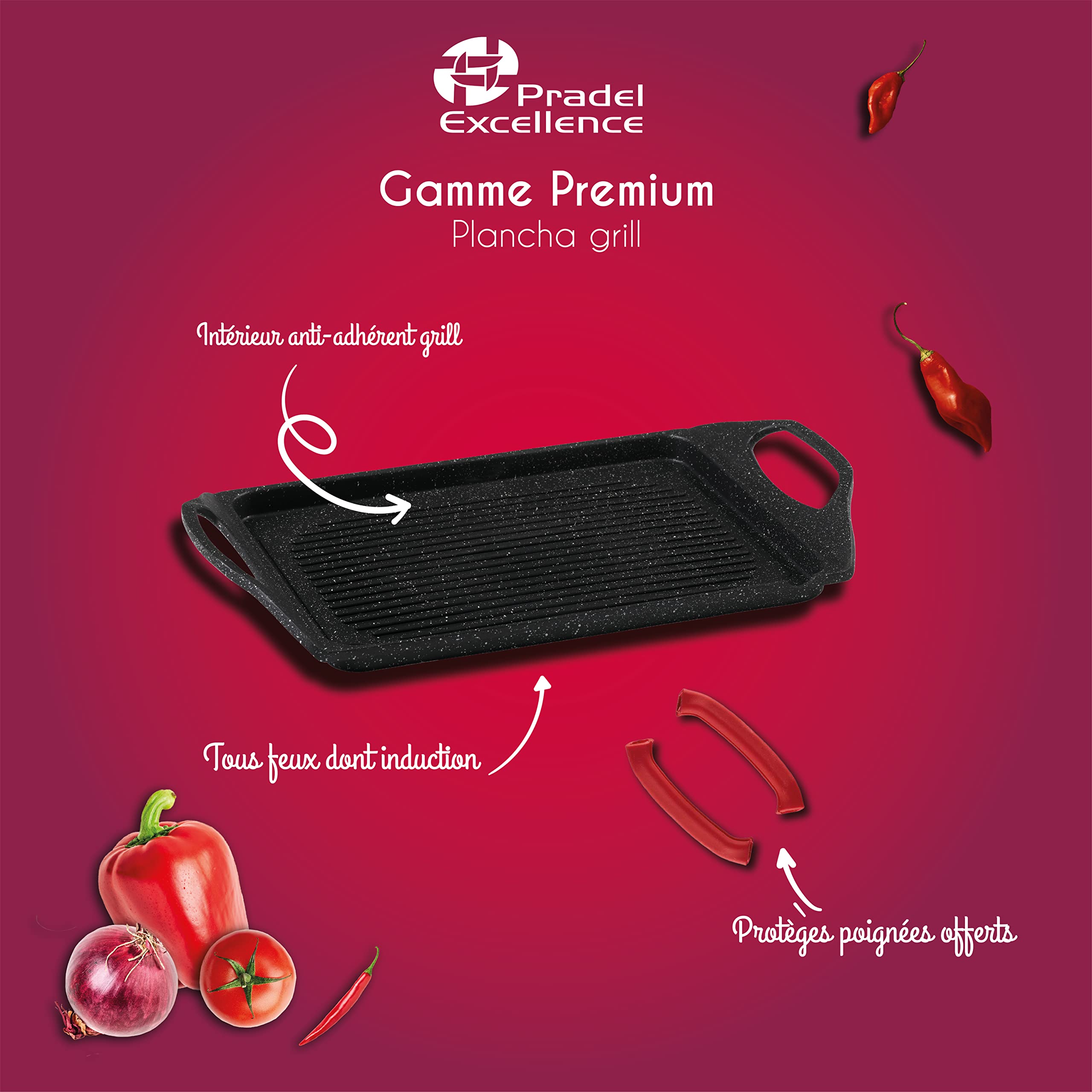 Pradel Excellence - Plancha Grill 43 x 27 cm - Revêtement Façon Pierre Sans PFOA - Fonte d’Aluminium - Poignées Silicone Amovibles - Tous Feux Dont Induction, Ancien Manche, Noir