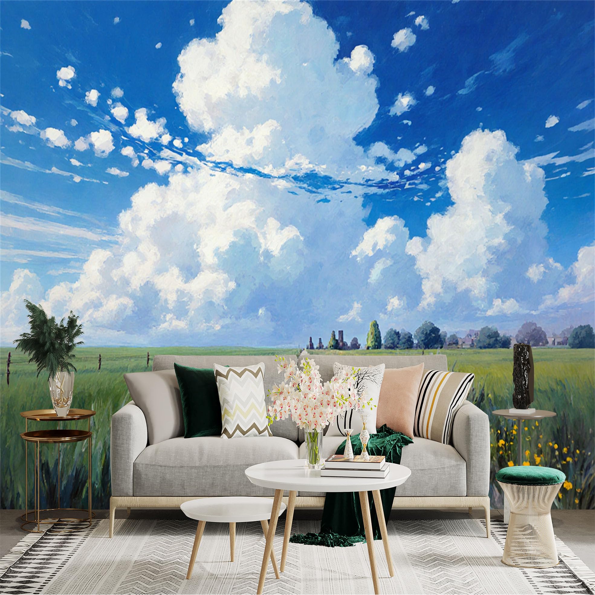 Lnzczhyre Xc260505284 Custom Size Wall Sticker Mural， Summer Landscape With Blue Sky And White Clouds， Countryside Path， Green Meadow， For Wall Decoration， Peelandstick Wall Decals.