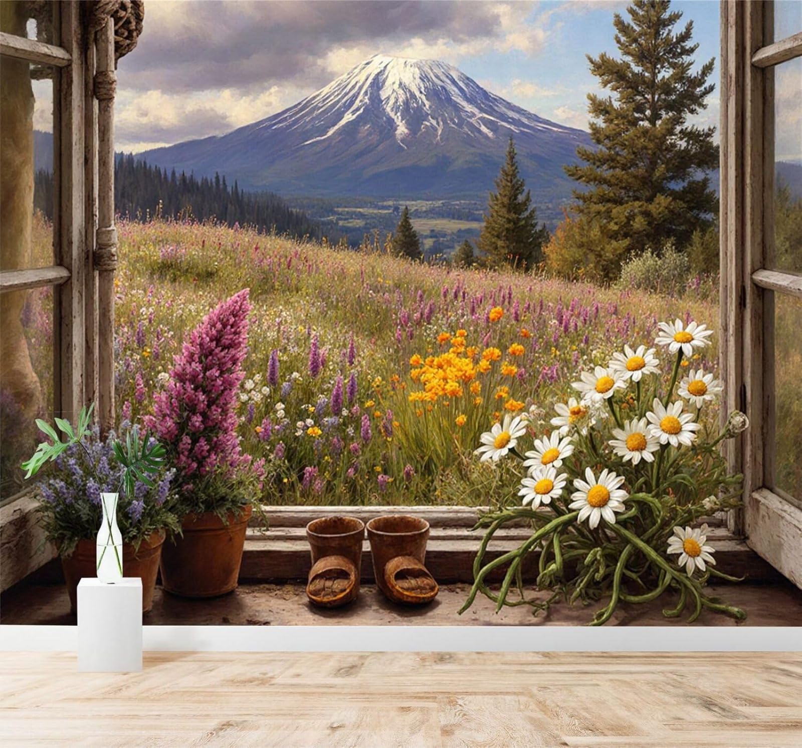 XLMING Windows Mountain Peaks Wildflowers Pine Trees Natural Scenery 3D Wallpaper Premium Textured Silk Study Dining Living Room Bedroom Sofa TV Wall Easy Install-430cm×300cm