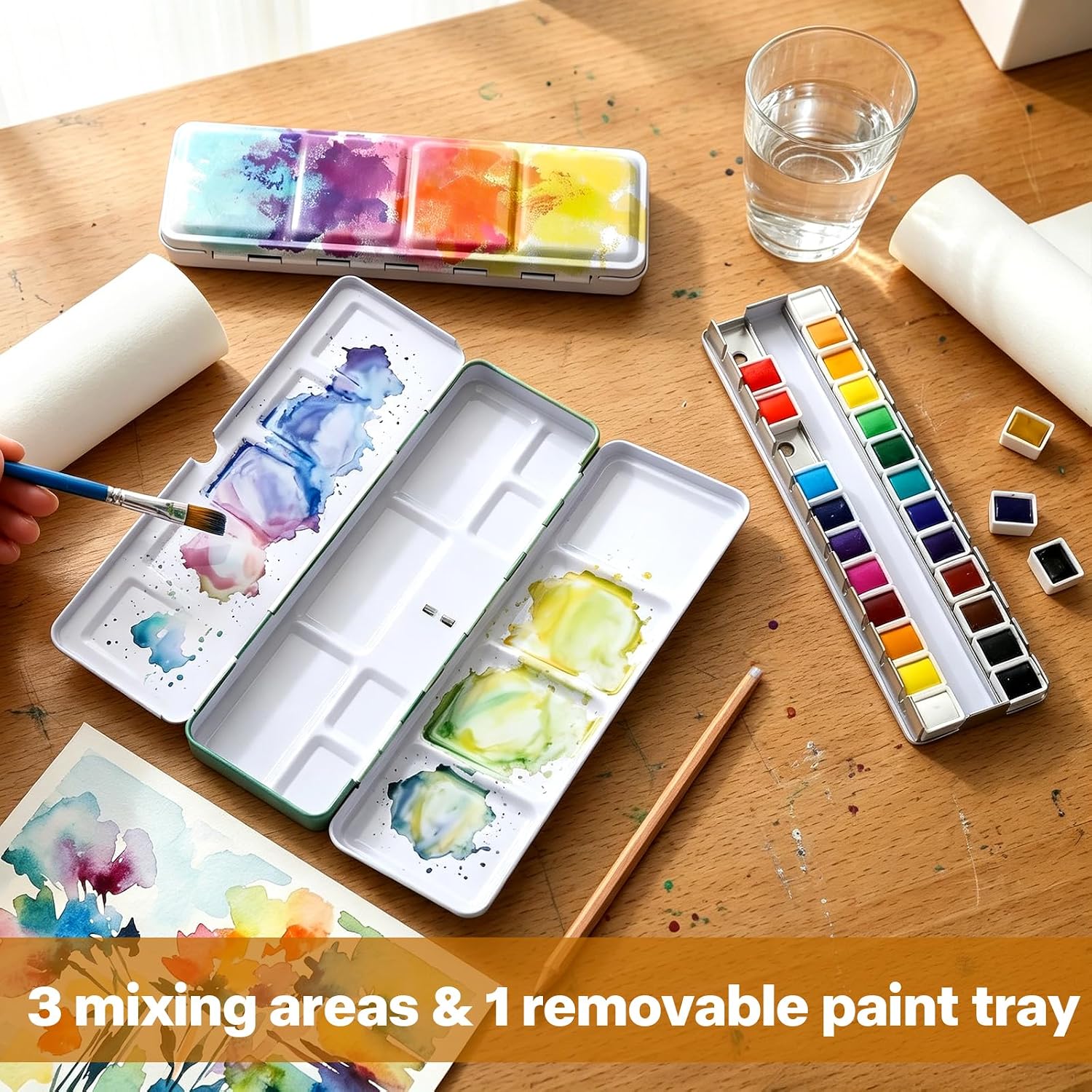 2 Pcs Empty Watercolor Palette, Metal Watercolor Palettes Tin Box with 26 Empty Half Pans, Portable Travel Paint Palette Case, Fold-Out Colorful Art Paint Mixing Tray for Artists Acrylics