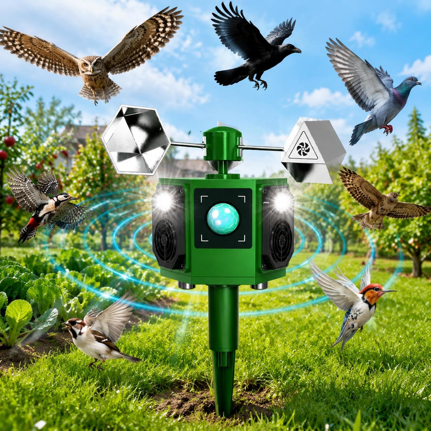 2026 Solar Ultrasonic Bird Repellent Outdoor with Flashing Lights,360° Reflective Pigeon Woodpecker Deterrent for House,Waterproof Goose Bird Deterrents,Birds Repeller Animal Repellent for Garden