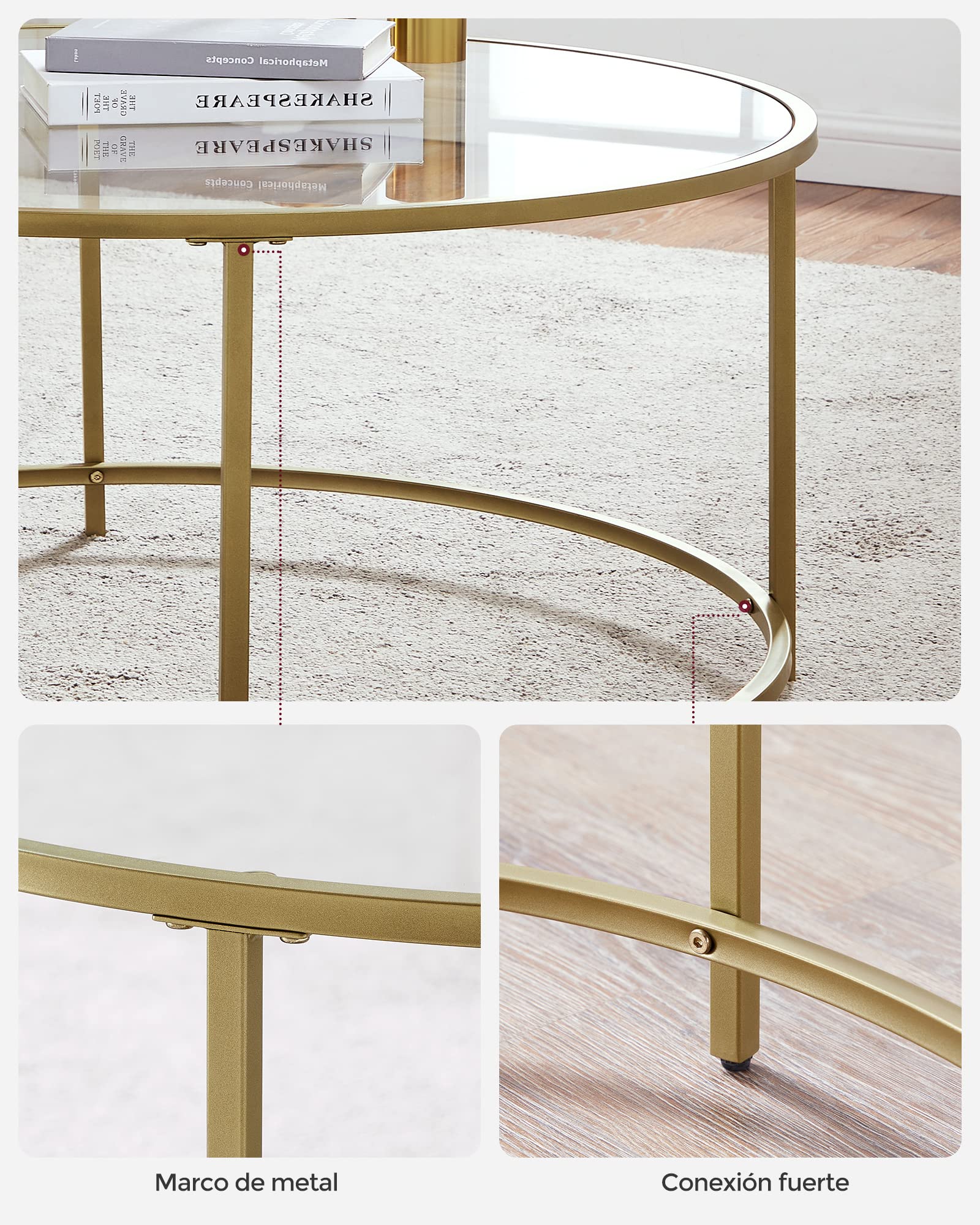 VASAGLE Mesa de Centro Redonda, Mesa de Cristal con Marco de Acero, Mesa de SalÓn, Mesa de CafÉ, Dorado LGT21G