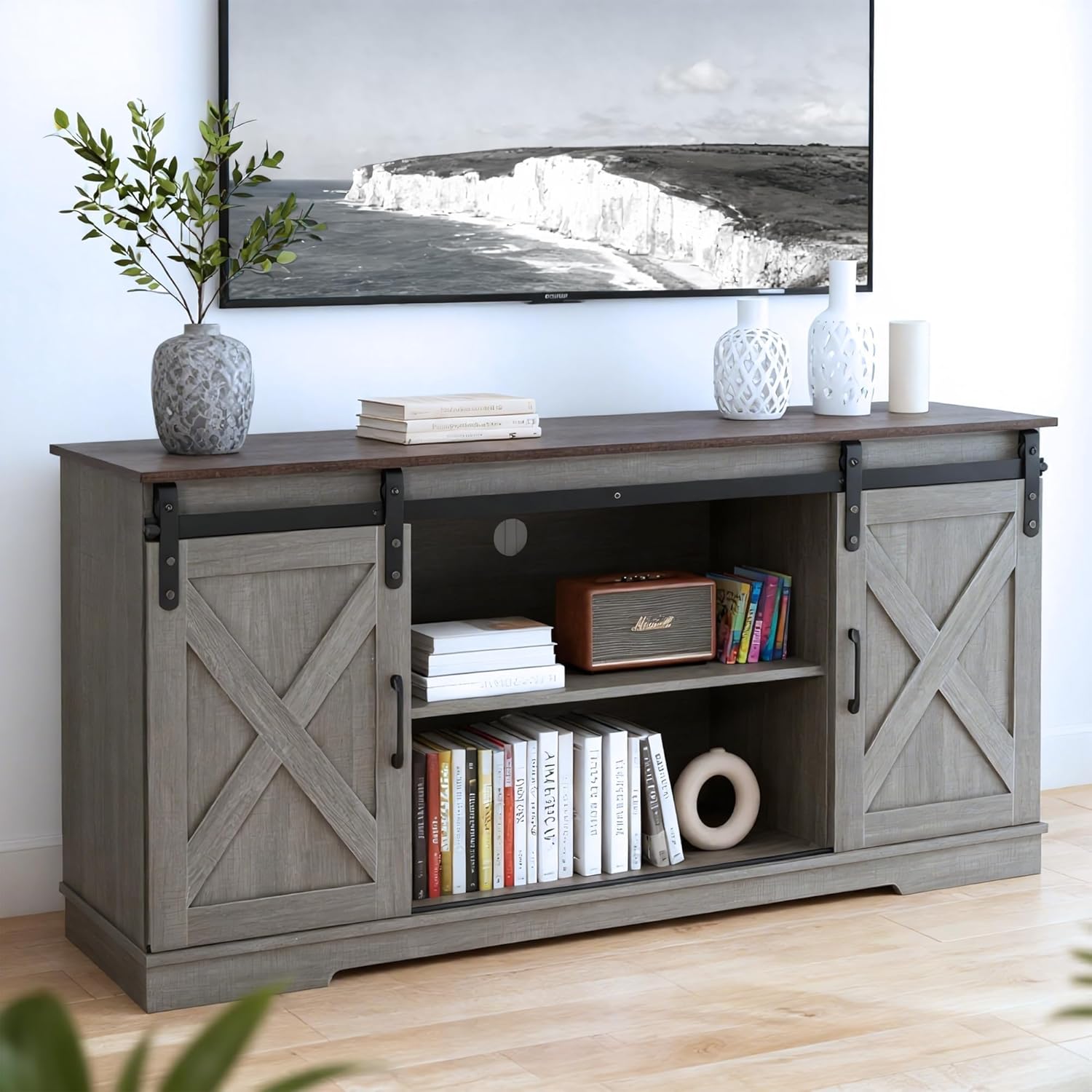 leovanni Farmhouse TV Stand with Sliding Barn Doors for 65" TV, Wood Entertainment Center Media Console Storage Coffee Bar Cabinet for Living Room