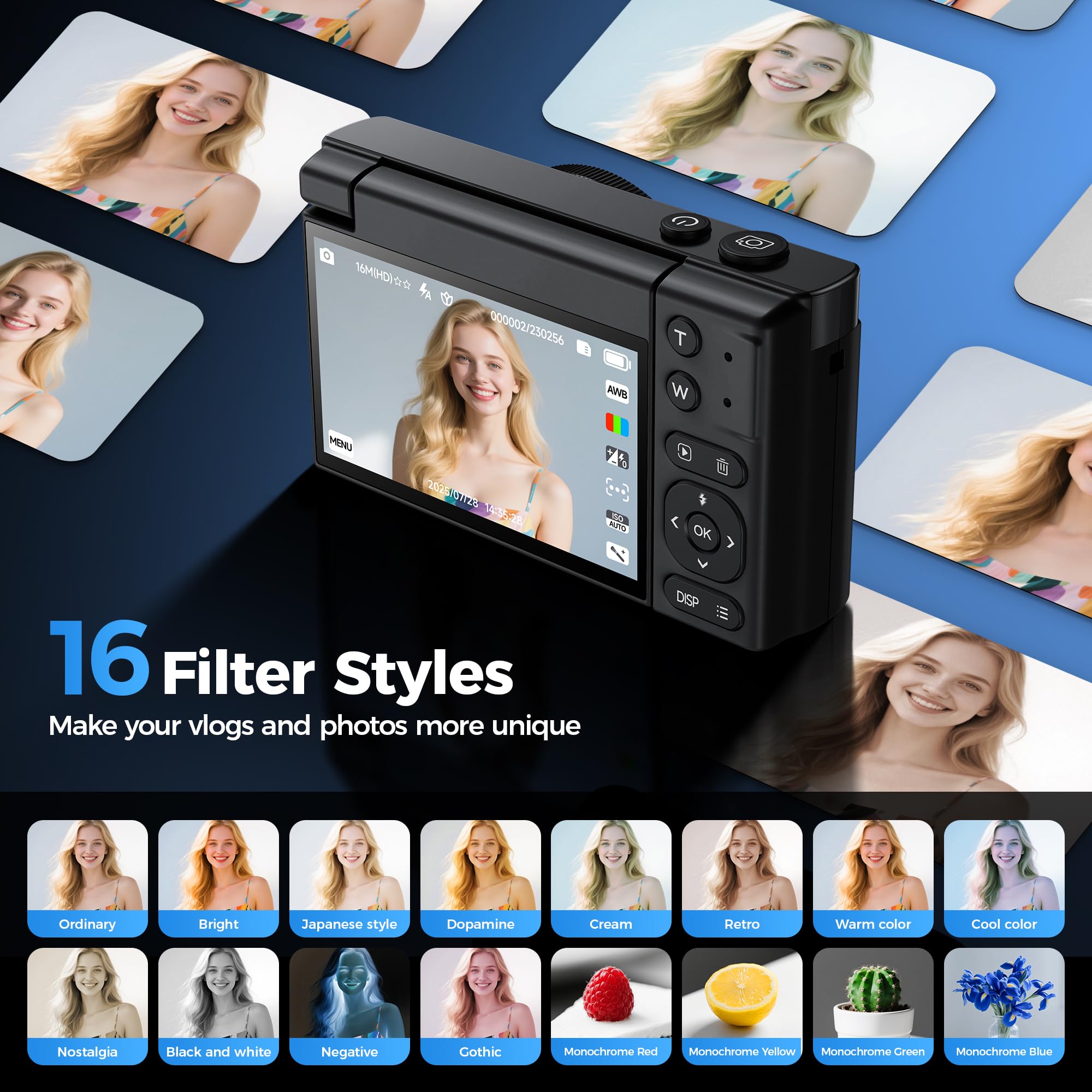 Appareil Photo Numérique 4K 64MP Digital: Appareil Photo Enfant Noire pour Vlog - Zoom Numérique 16x Écran 3" Rotatif à 180° - Idéal pour Les Kids Les Adolescents Les débutants et Les Adultes