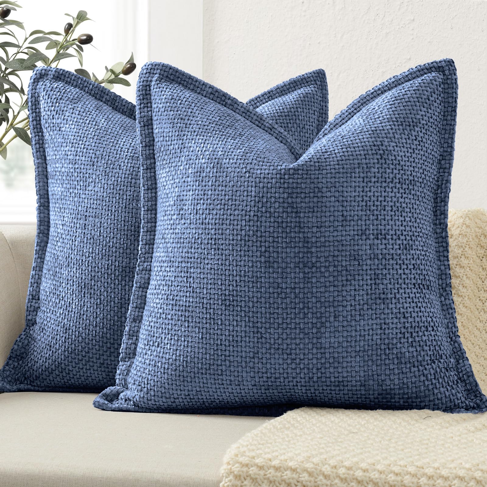 ZWJD Soft Chenille Cushion Covers 45x45 2 Pack, Decorative Cushions with Pressed Edge Design, Denim Blue Luxury Home Decor Pillow Covers for Sofa, Couch, Living Room & Bedroom Modern Home Décor — image 1