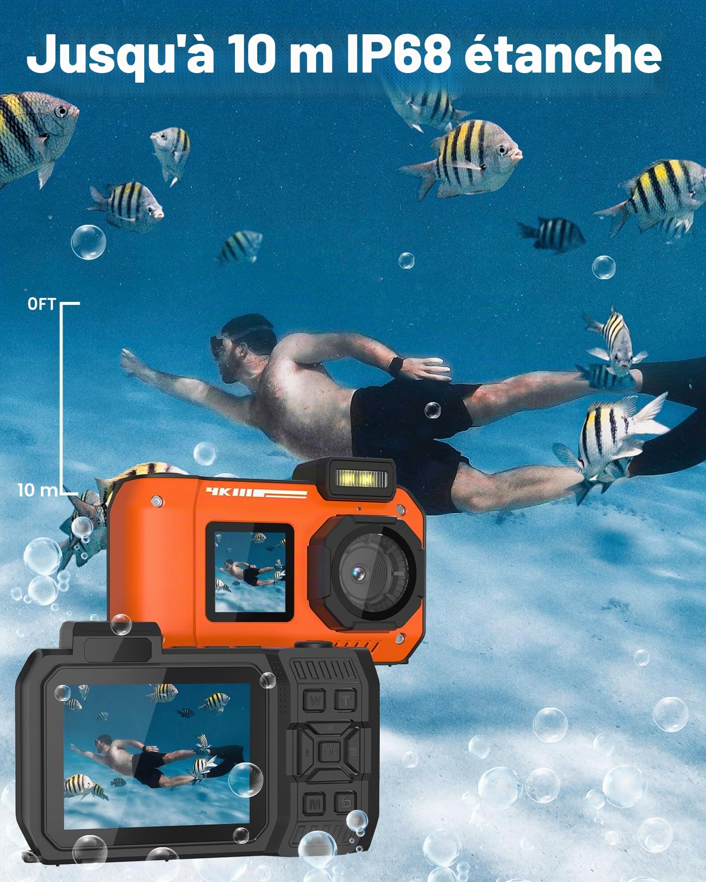 Caméra sous-marine 4 K 65 MP étanche avec carte de 64 Go autofocus selfie double écran appareil photo numérique étanche compact flottant (orange)