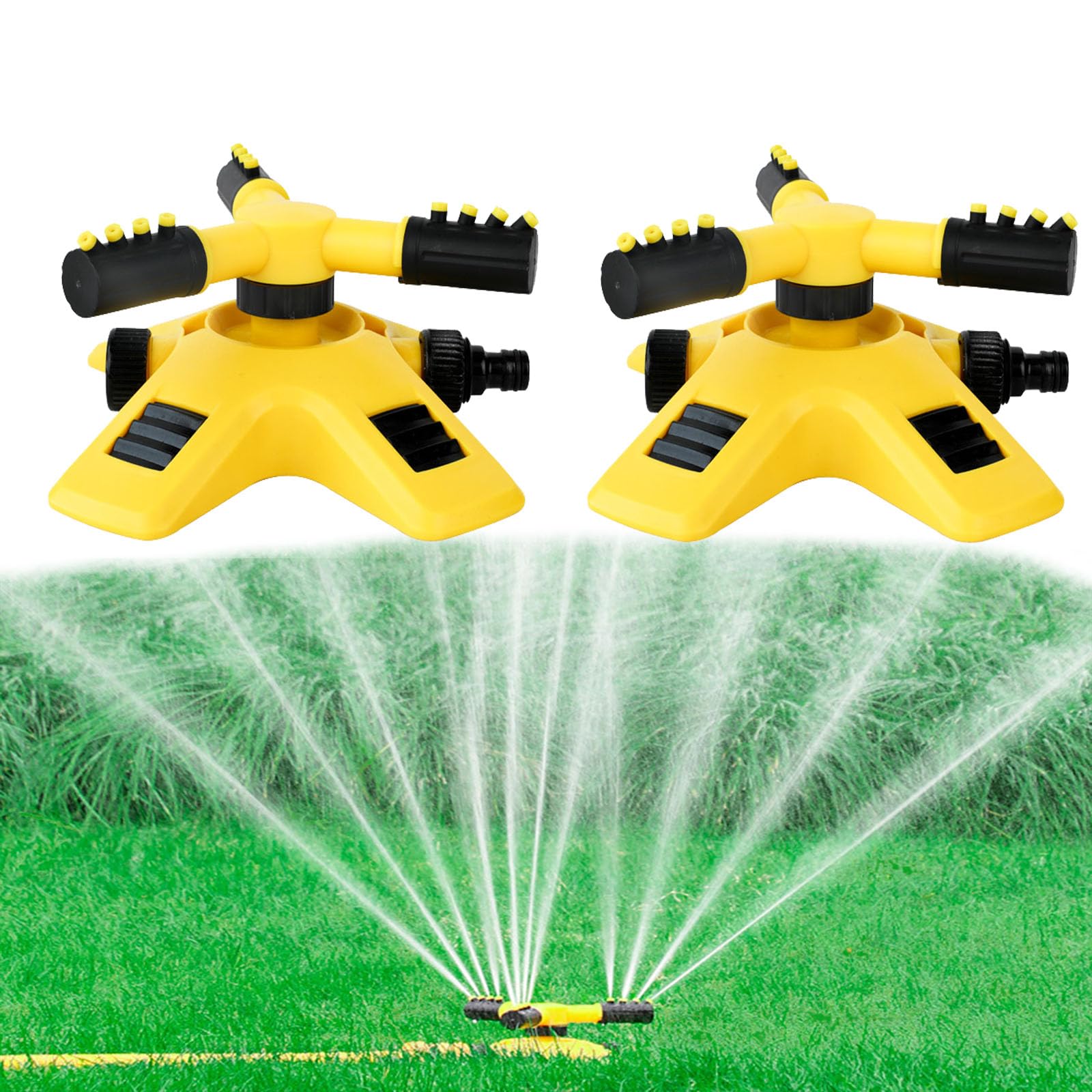 Sprinklers for Lawns, Garden Sprinklers, Automatic Garden Lawn Water Sprinkler, 360° 3- Arm Rotating Water Sprinkler Irrigation System for Watering Grass (Yellow- 2Pcs)
