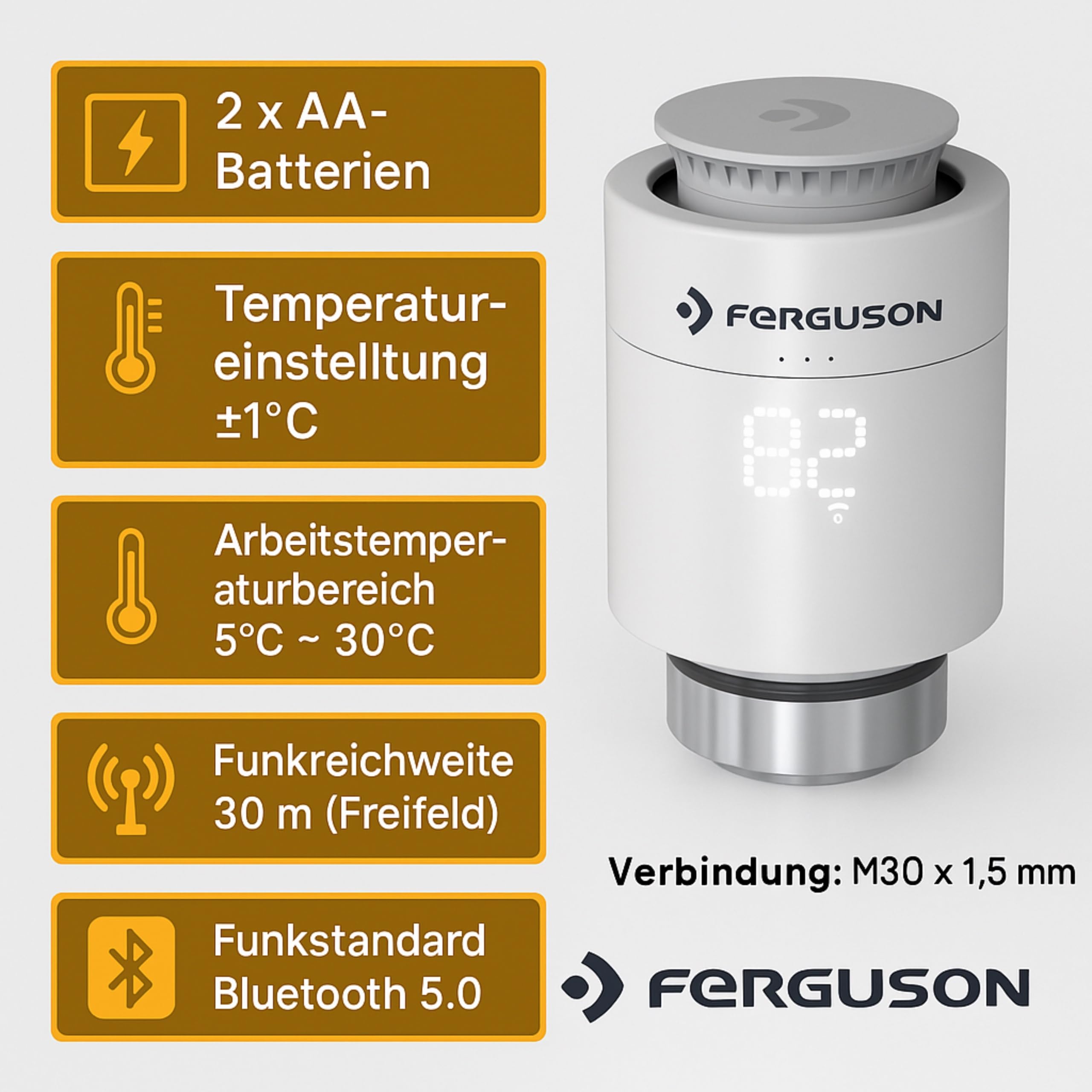 Ferguson 5X Smart Thermostatkopf ZigBee – Heizkörperthermostat programmierbar mit App Steuerung, Funkthermostat für Smart Home Set kompatibel mit Home Connect System