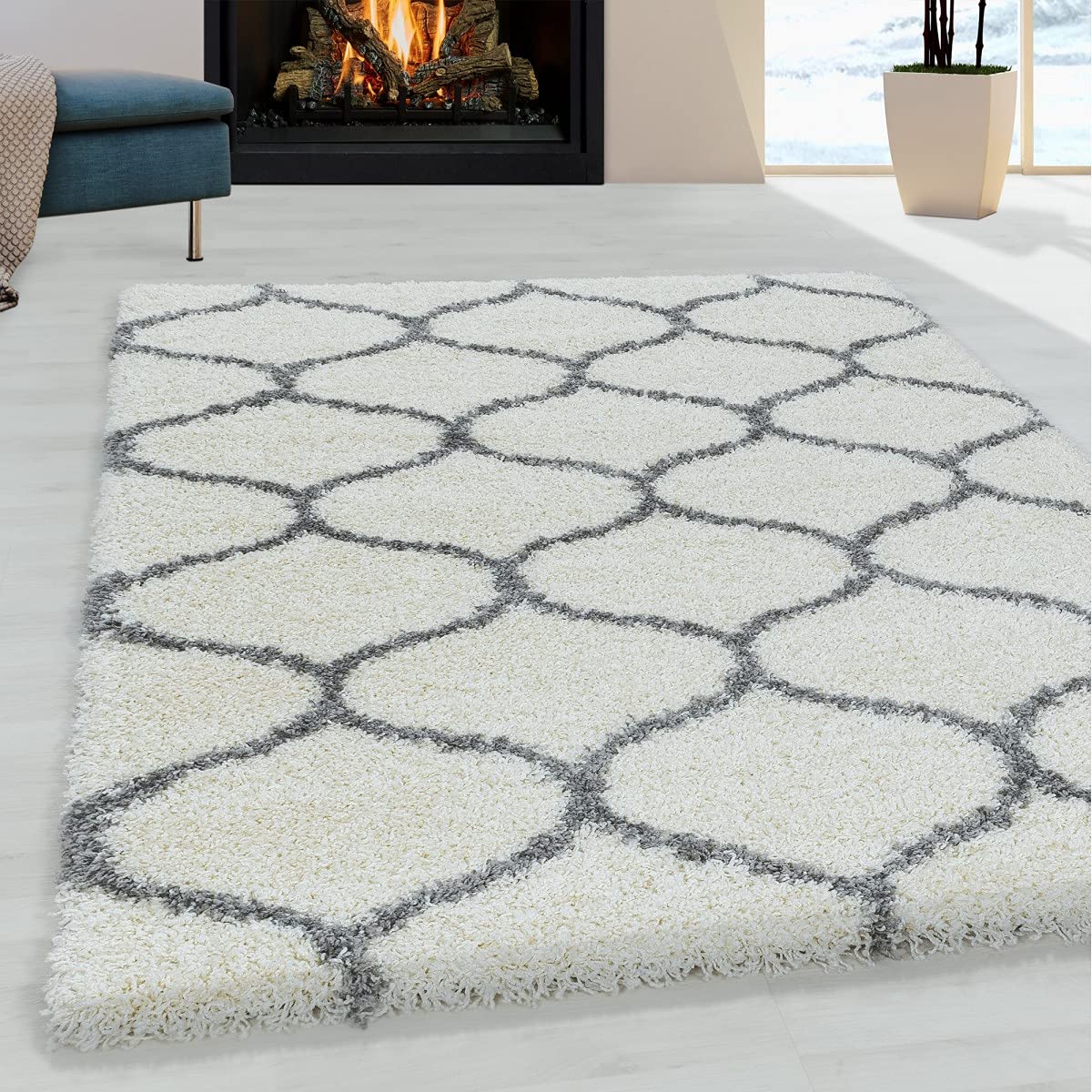 Tapis design à poils longs crème 160x230 cm avec motif à carreaux jacquard