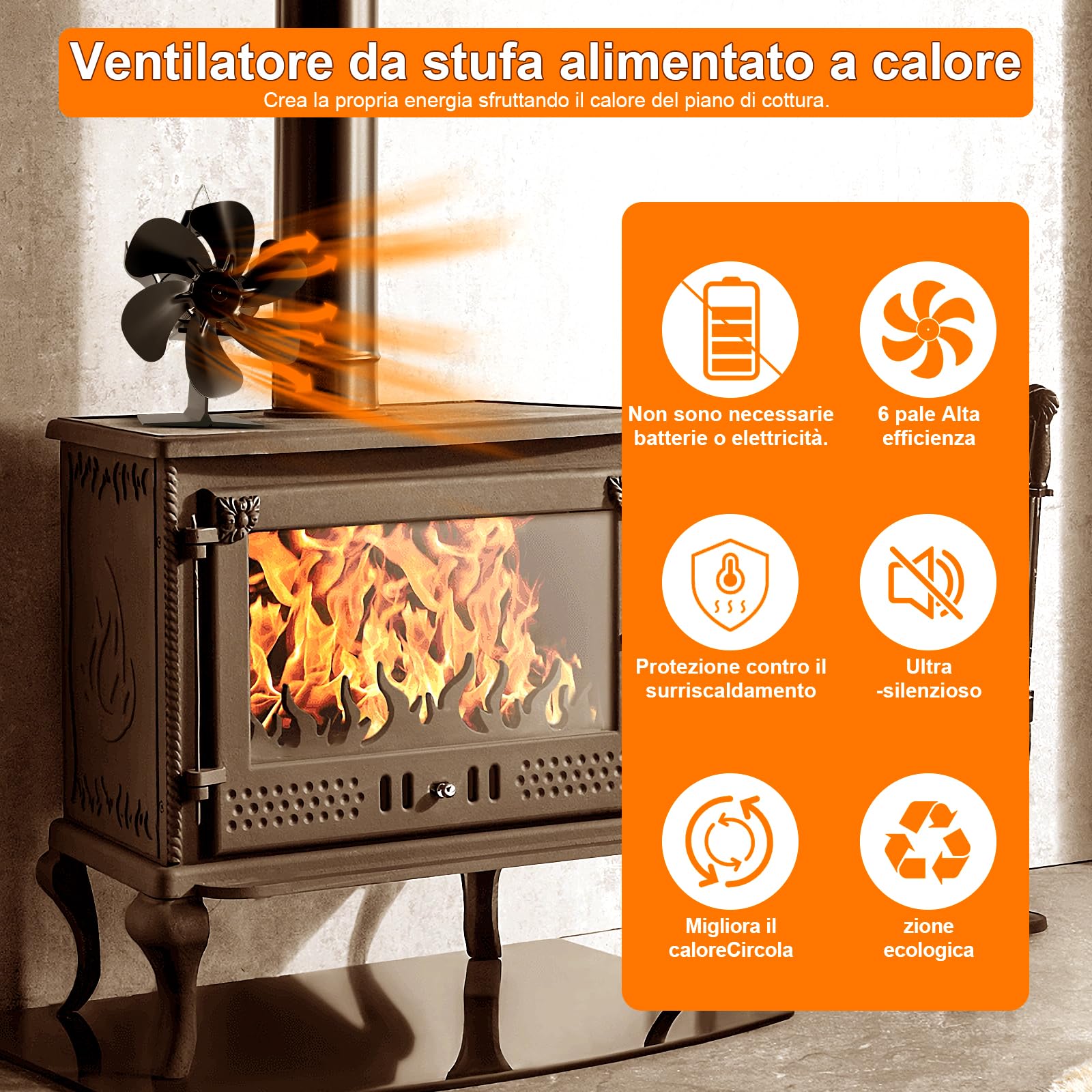 Ventole per stufe camino, Ventilatore Per Camino A Legna, ventilatore a 6 pale, ventilatore per caminetto a 6 pale, ventilatore per stufa a legna/stufa da cucina/caminetto/stufa a gas