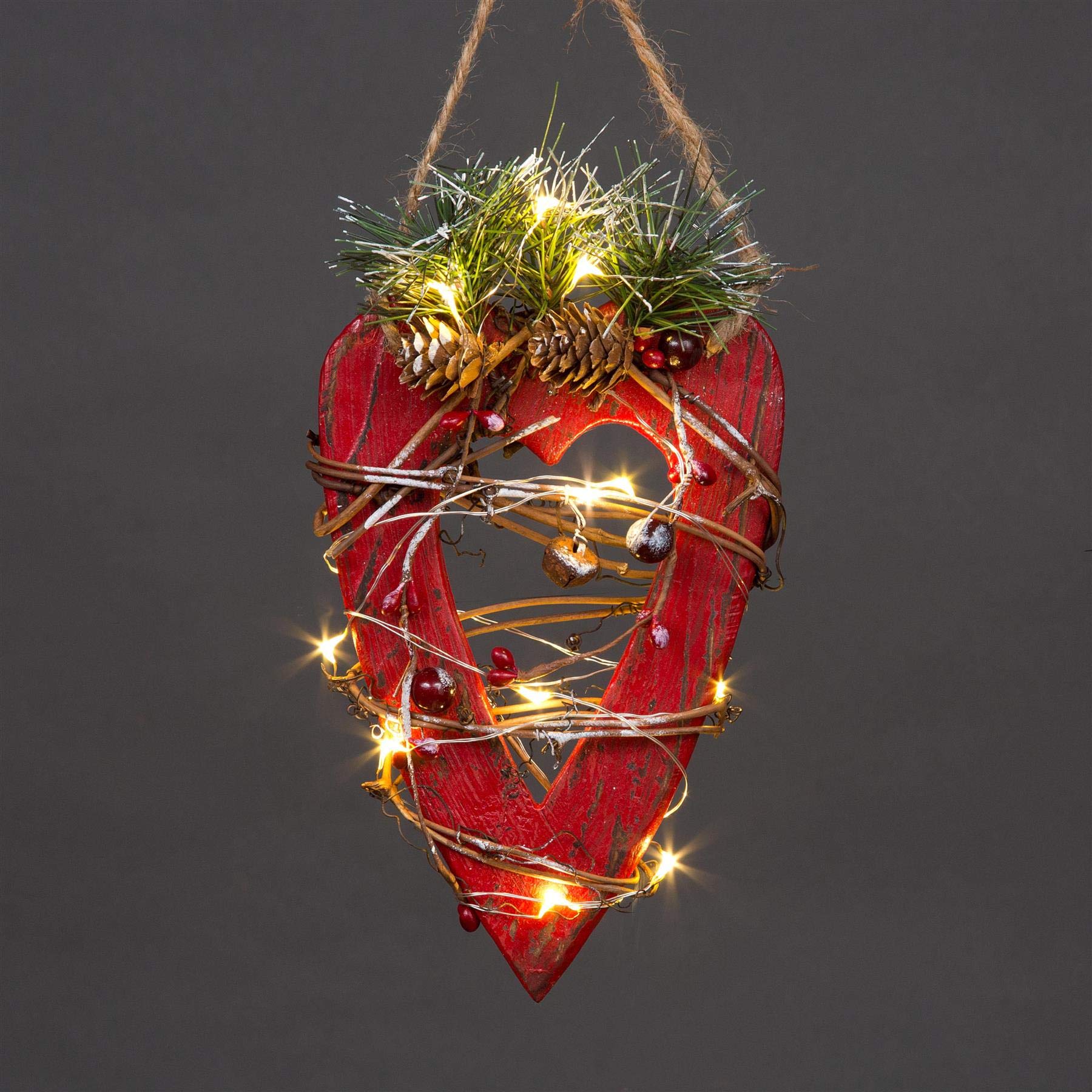 Shatchi Red Wooden Led Heart Hanging Ornament Christmas Holiday Home Décor With 15 Warm White Leds, 12 X 19H Cm 19Cm