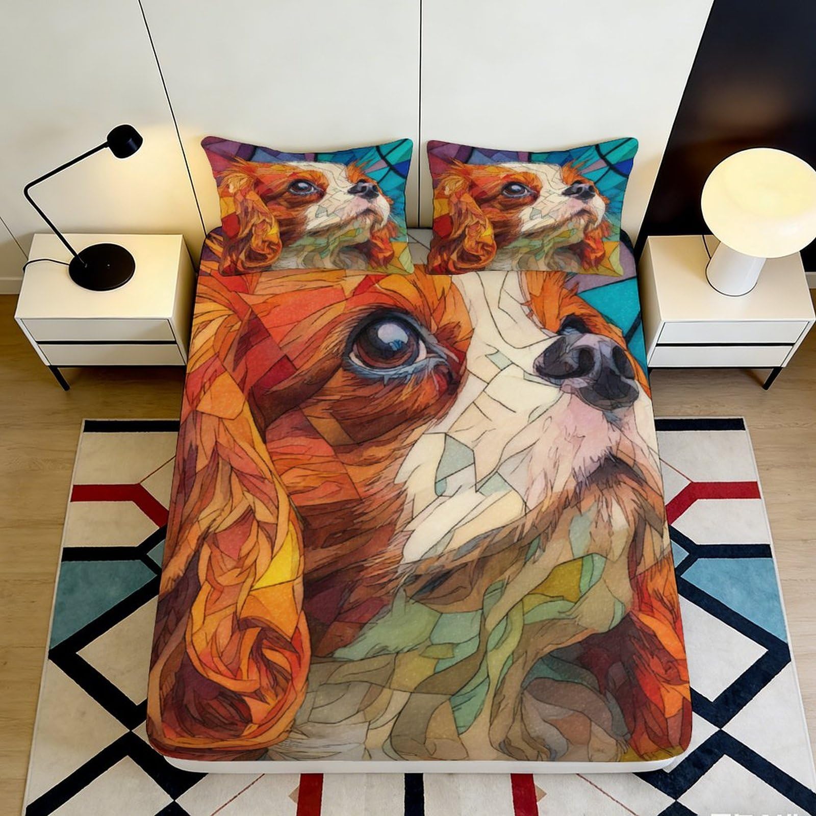 3D Printed Colorful Dog Art Fitted Sheet Microfiber Soft Bedroom Mattress Cover for Home Decor, Dorm, Guest Room, Easy Care 200x200x25cm
