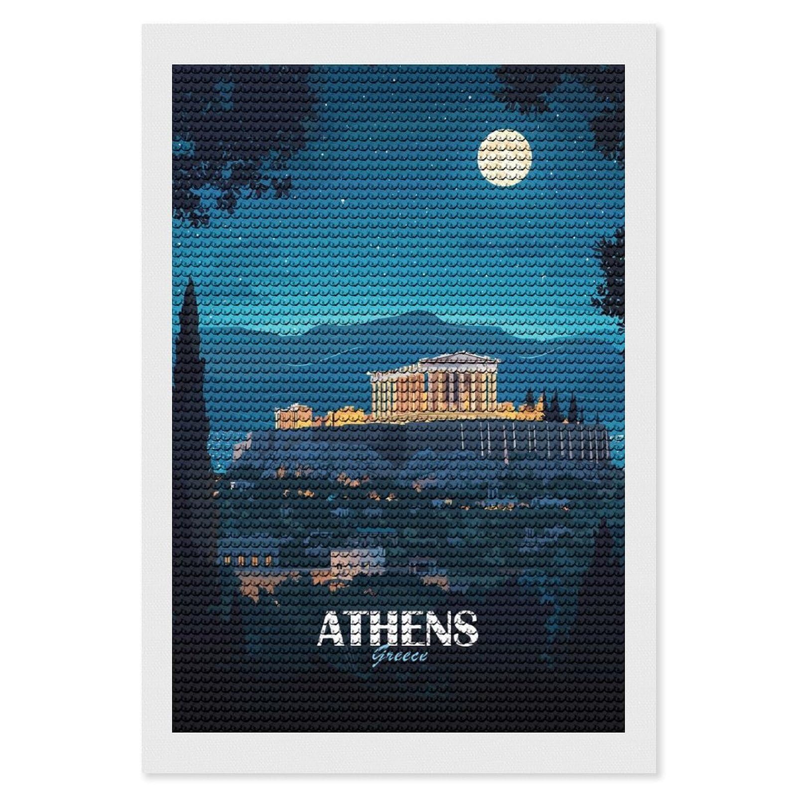 Junmoney Athens Greece Night Travel DIY Diamond Art Canvas Kit 8"x12", Farmhouse Decor, Vintage Style Decor, Handmade Wall Decor, Canvas Picture
