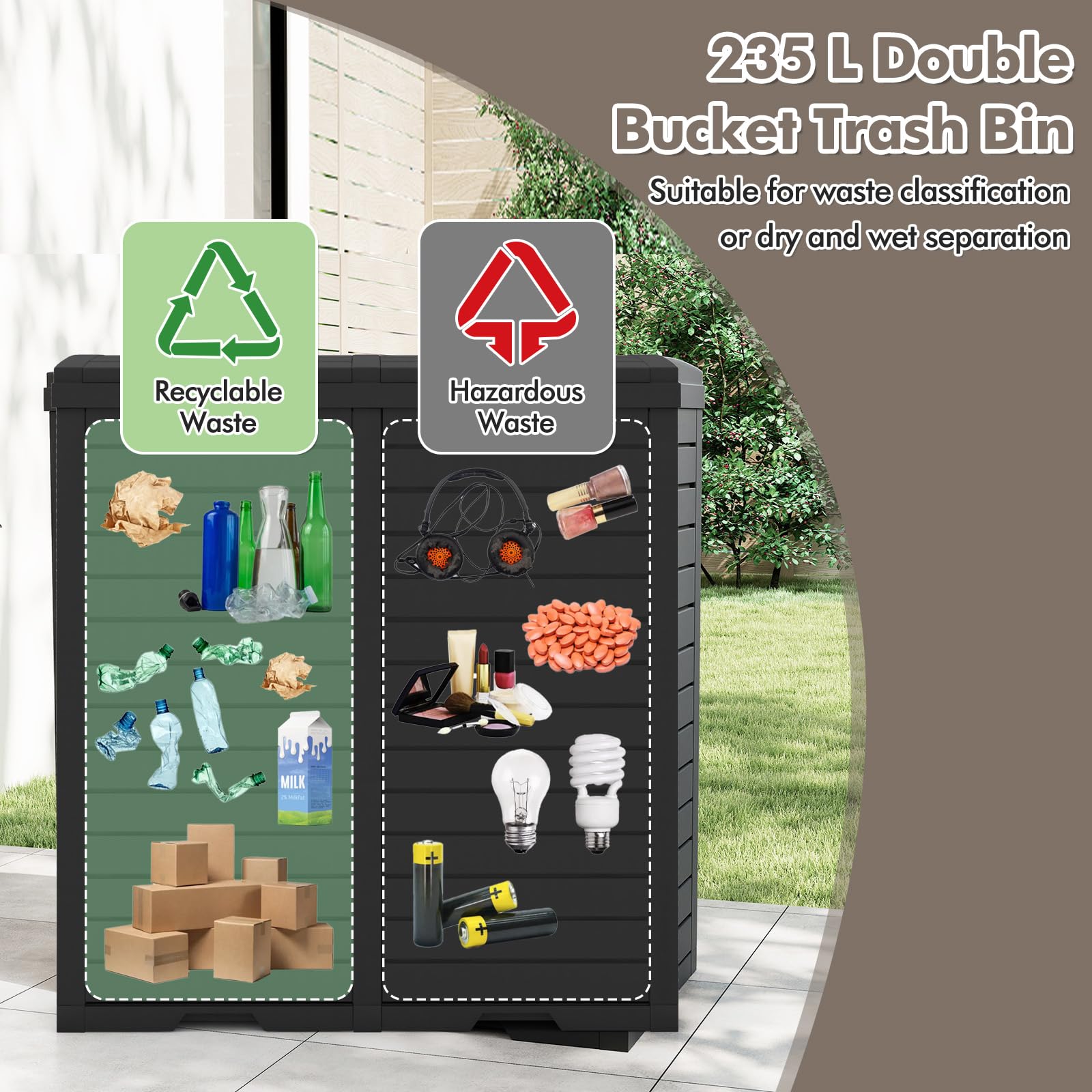 LIFEZEAL Poubelle extérieure de 235 l, Double Poubelle de Recyclage avec Couvercle étagé, Poubelle classée imperméable avec Plateau d'égouttement, poignée, conteneur à ordures (Noir)