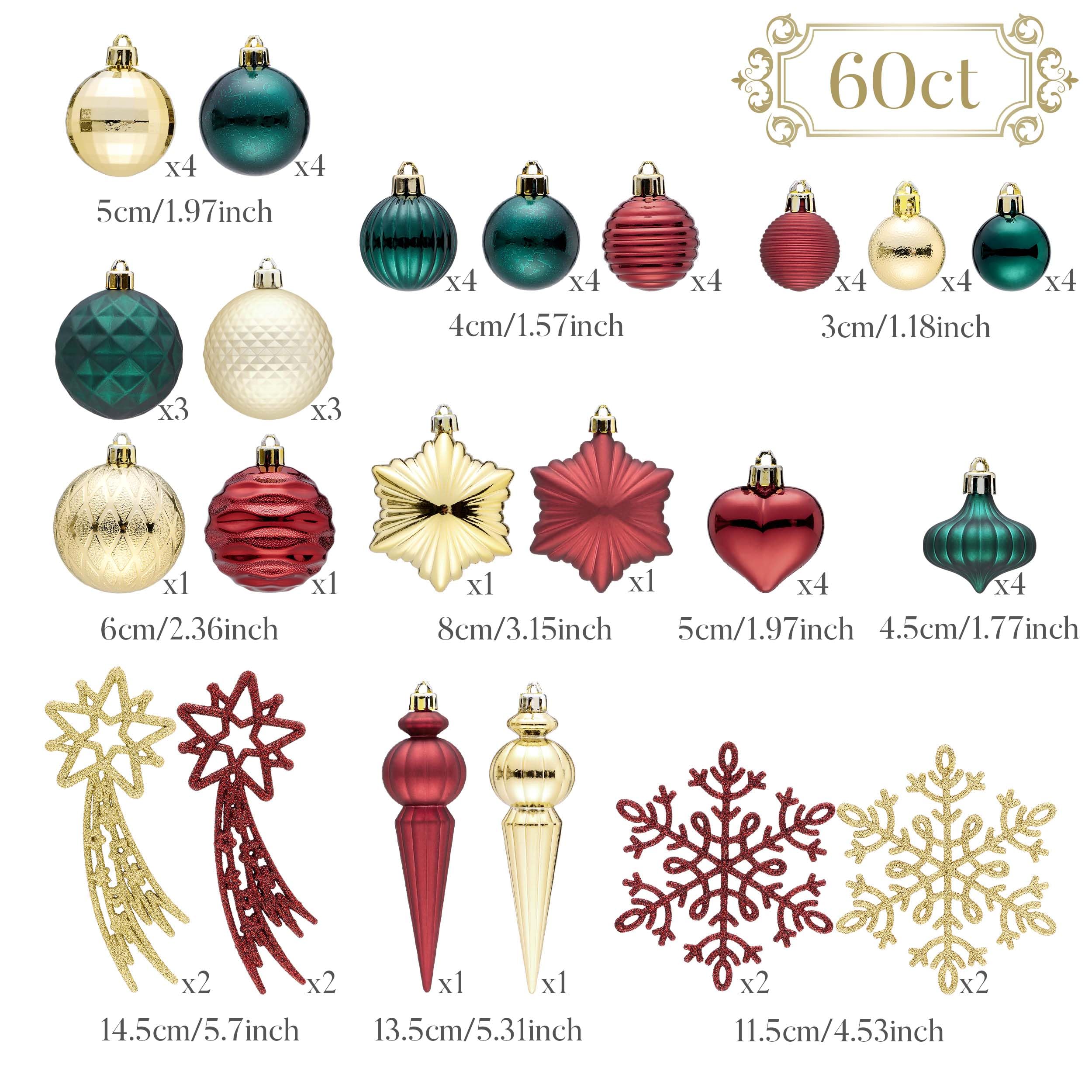 Valery Madelyn Lot de 60 boules de Noël incassables pour sapin de Noël, vert, doré et rouge