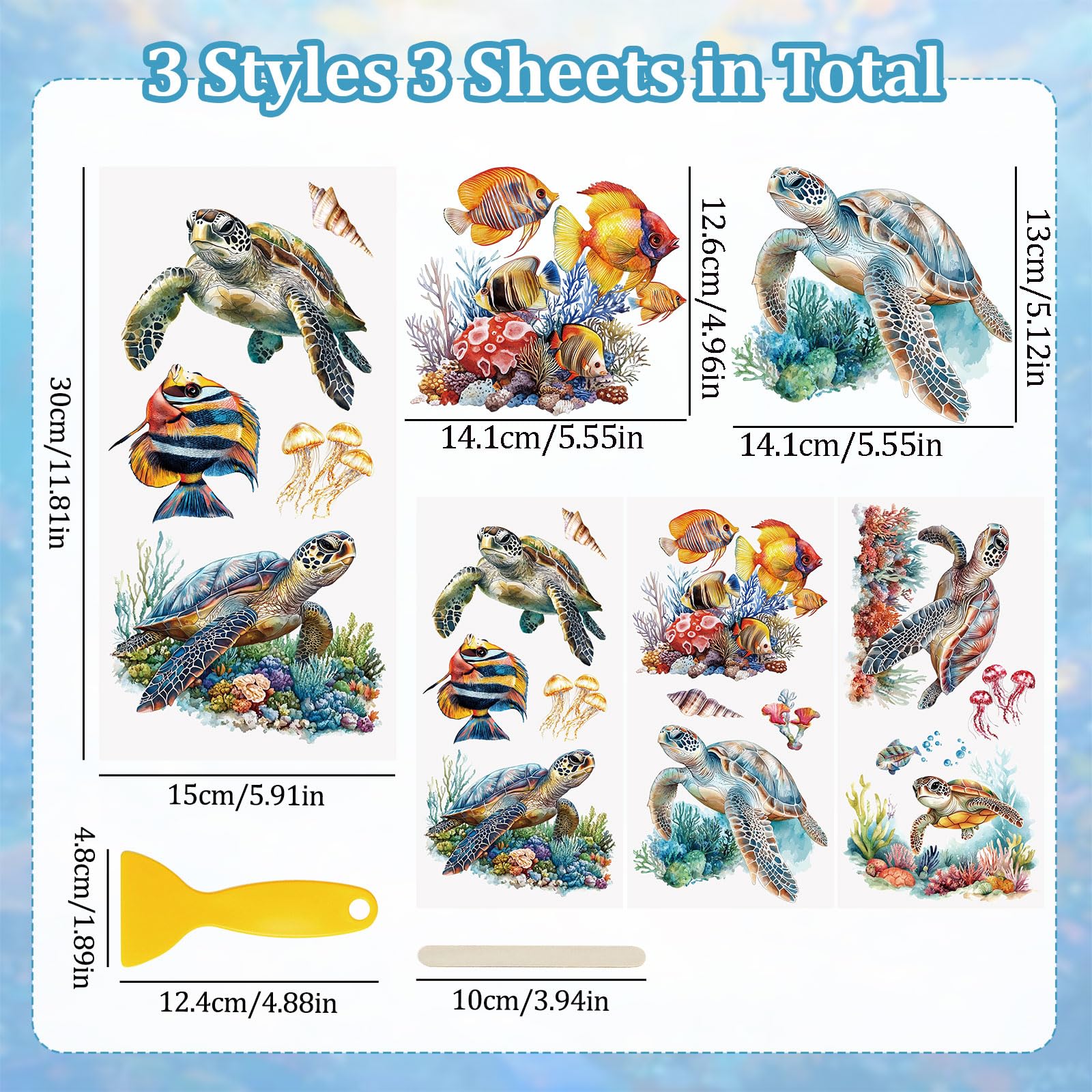 WANDIC 3Pcs Marine Animal Theme Rub On Transfer Sticker,Turtles Sticker Tropical Fish Decal for Present Packaging DIY Scrapbooking Albums Furniture,15 * 30cm - Image 2
