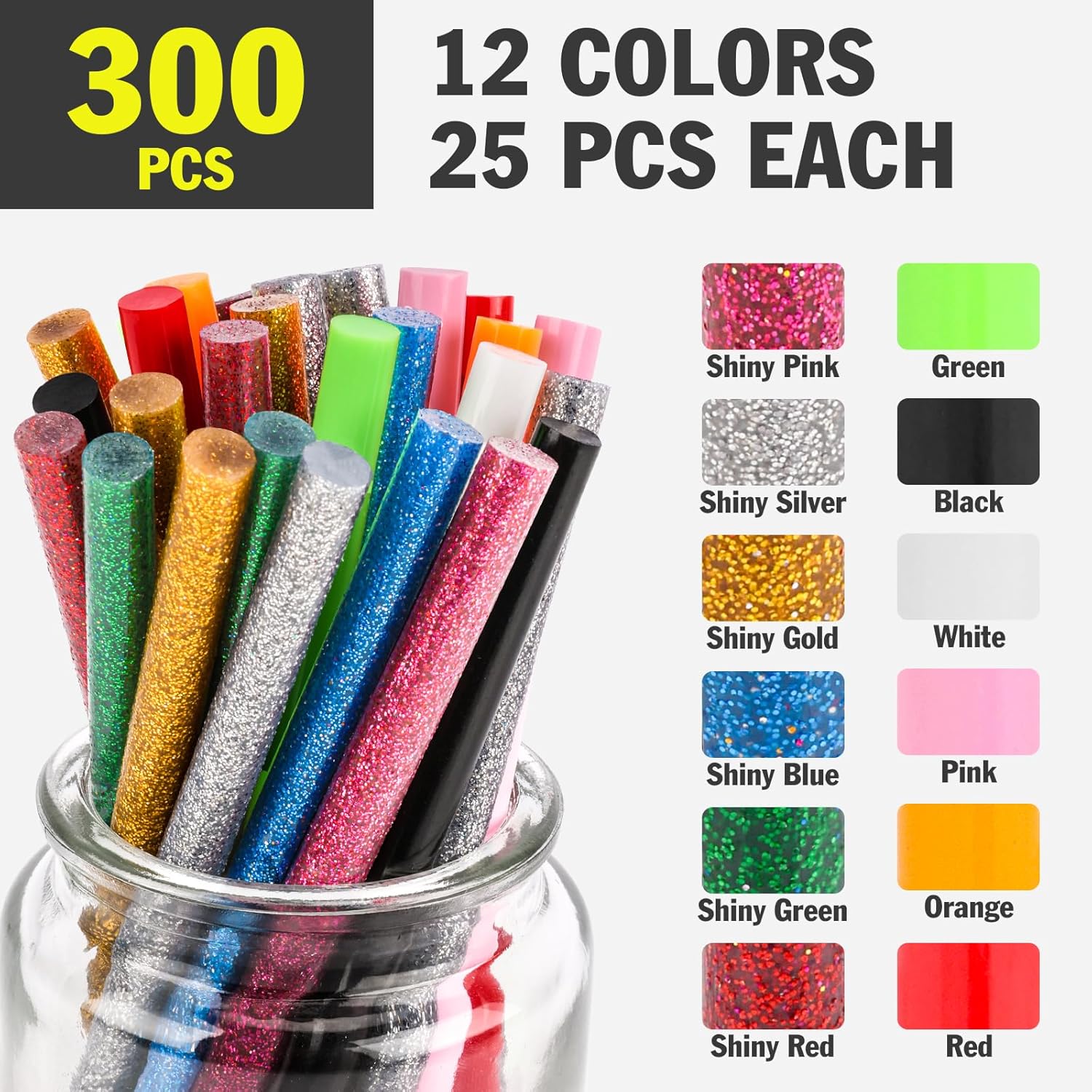 300 Pack Colored Hot Glue Sticks, 4" Long x 0.27" Diameter Mini Hot Glue Sticks, Perfect Fit for Mini Glue Guns, Widely Used in Wood, Metal, Glass, Plastic, Floral, Fabric, Leather, Foam