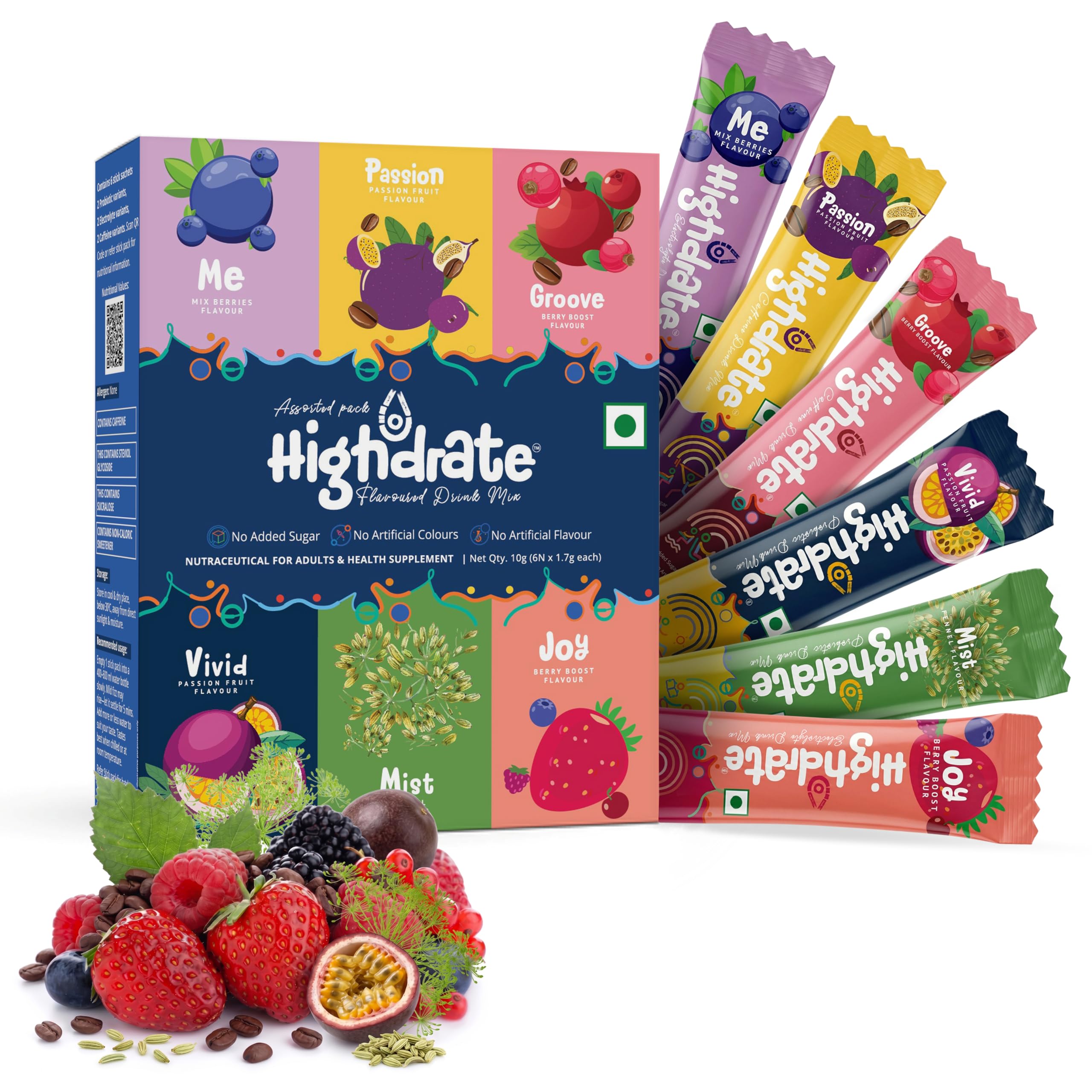 [BRSRGADRDJYAAE37] Highdrate Assorted Drink Mix, 6 Sticks | Water Flavouring Sports Mix with Sugar Free Electrolyte Sachets for Hydration, Caffeine for Energy & Focus & Probiotics for Gut Health | Multiple Flavours