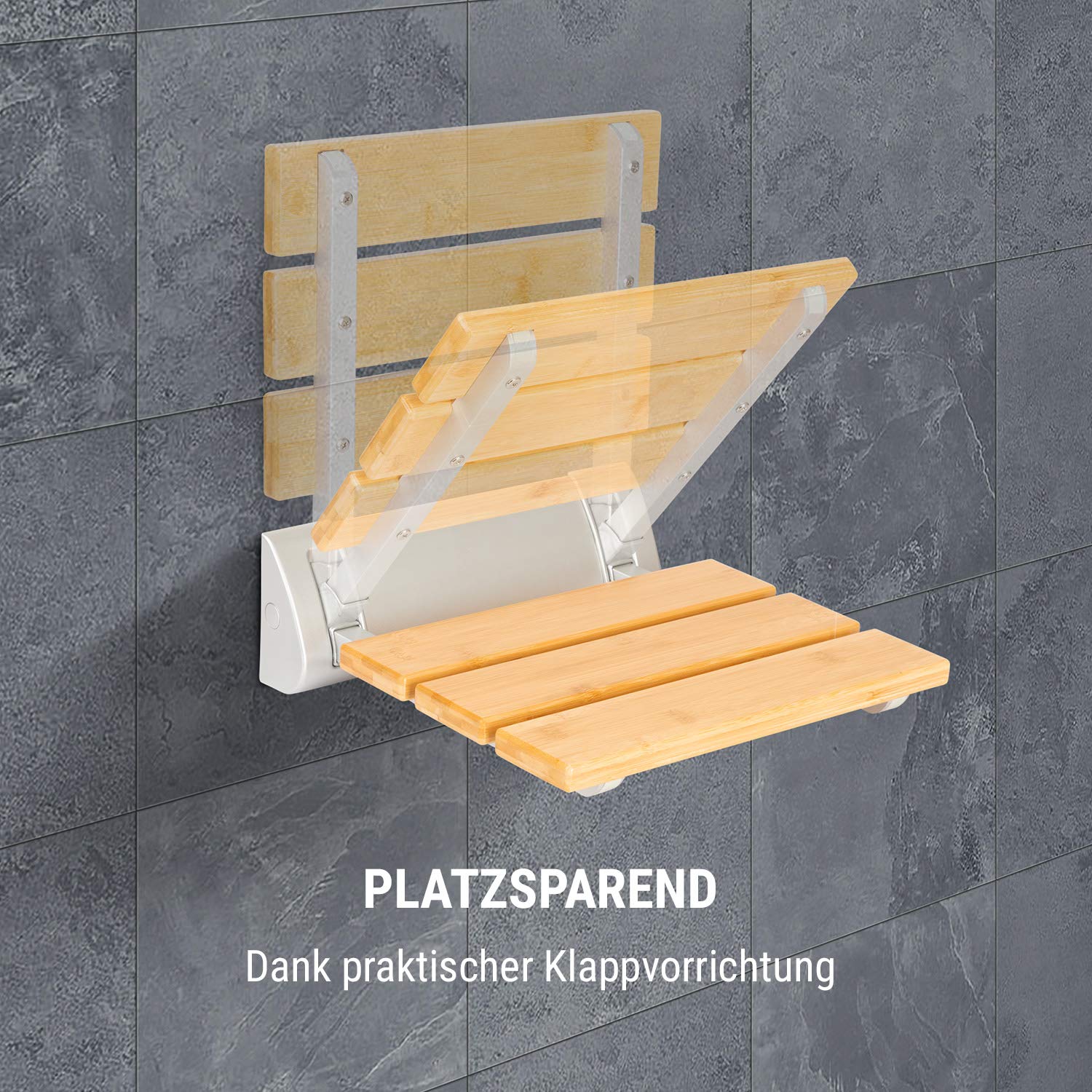 Oneconcept Arielle siedzisko prysznicowe – składane siedzisko z bambusową powierzchnią do siedzenia, zawieszenie ze stopu aluminium, maks. waga: 160 kg, w zestawie materiał montażowy, typ: Arielle,