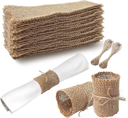 Miniatura 1 de 150 servilleteros de arpillera con cuerda de cáñamo, lazos rústicos de yute para servilletas, servilleteros de naturaleza para servilletas, granja,