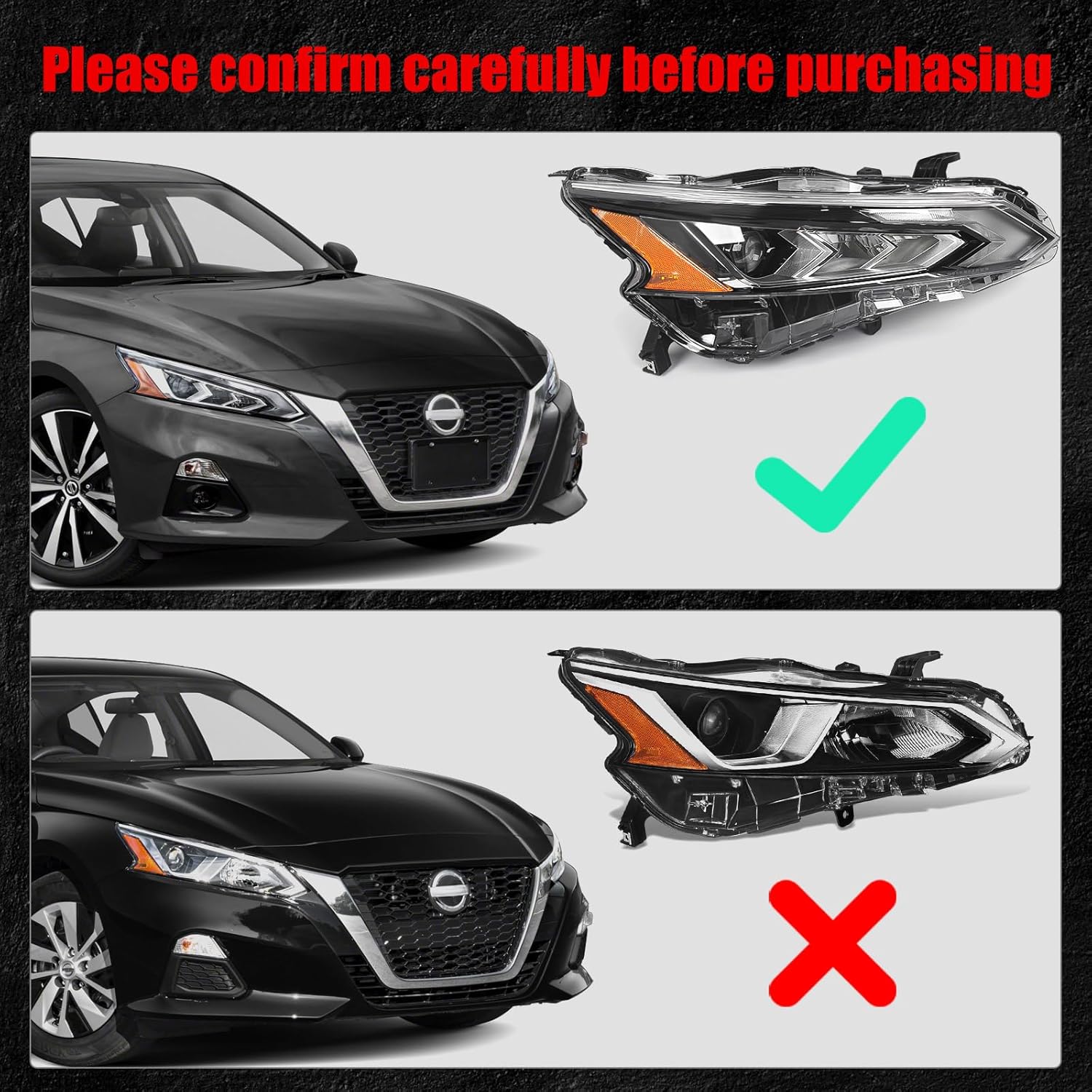 huray led headlight assembly fit for nissan altima 2019-2022 rh projector headlamp w/led drl oe style replacement for ni2503266 right passenger side full led model rh(passenger side)