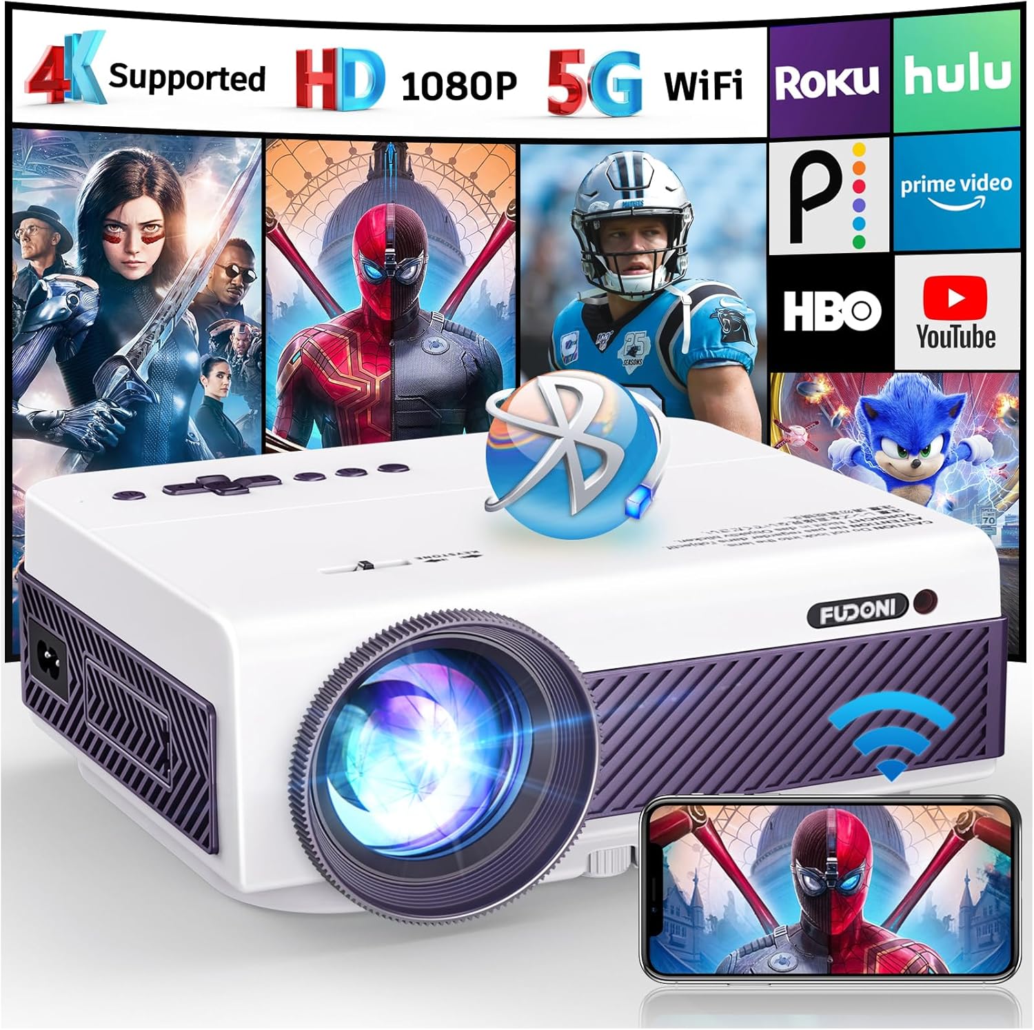 FUDONI Native 1080P WiFi Bluetooth Projector, Full HD Portable Outdoor Movie Projector, Built-in Speaker, Max 300" Screen, for Smartphone, HDMI, USB, AV, Fire Stick, PS5 for Home, Bedroom, Outdoor Use