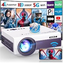 FUDONI Native 1080P WiFi Bluetooth Projector, Full HD Portable Outdoor Movie Projector, Built-in Speaker, Max 300" Screen, for Smartphone (White &amp; Purple)