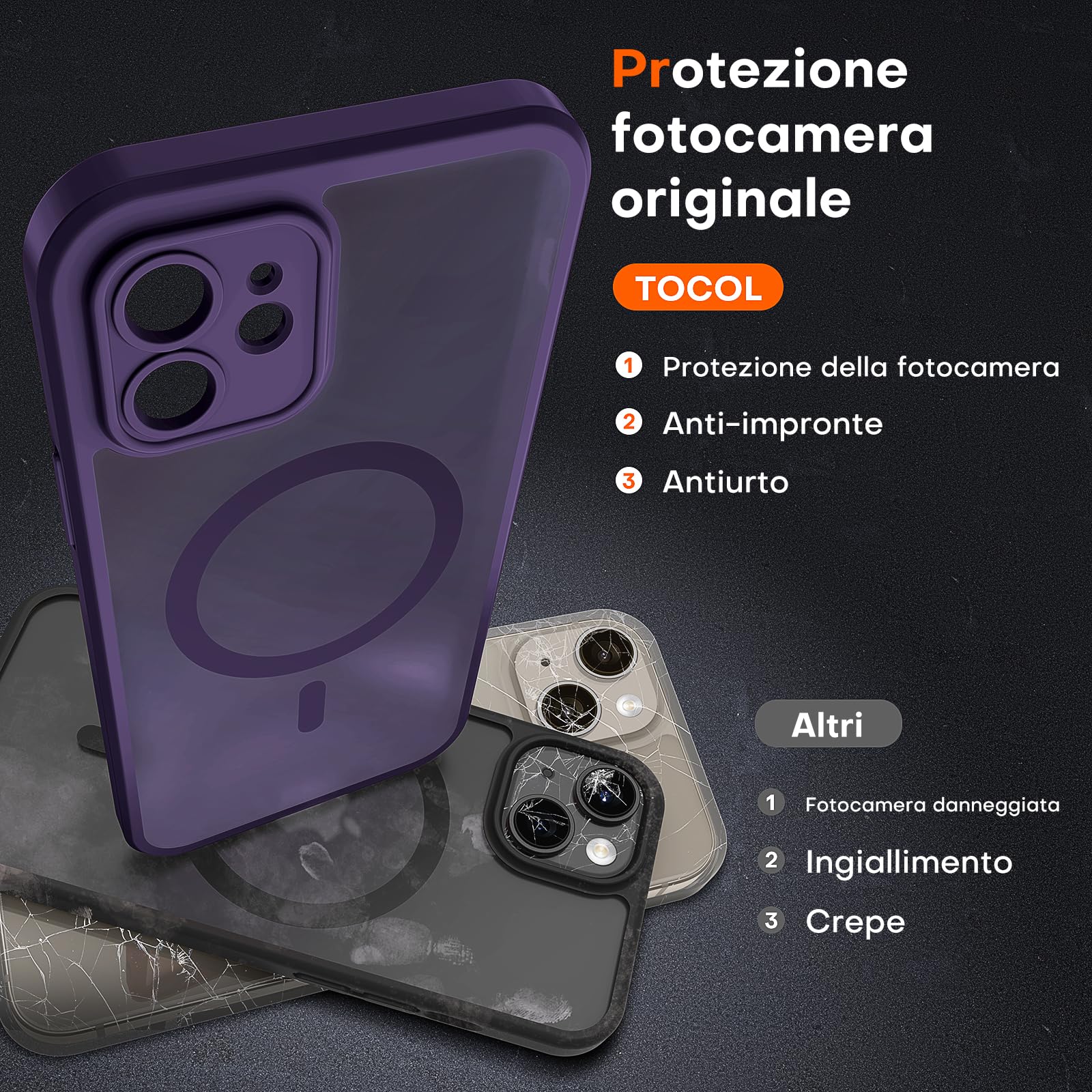TOCOL Cover Magnetica per iPhone 12 6,1 Pollic, Compatibile con MagSafe, Protezione Fotocamera Integrata, Custodia Antiurto Traslucida Opaca, Viola Intenso