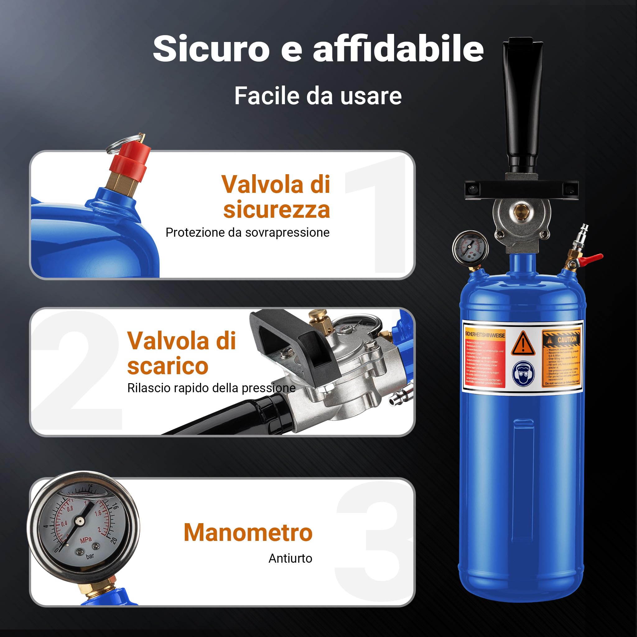 Wiltec Booster gonfiaggio Pneumatici ad Aria compressa, gonfiatore rapido gomme Portatile, 7 l, per Pneumatici da 6-8 Bar, Pompa d'urto, compressore per Auto e Moto