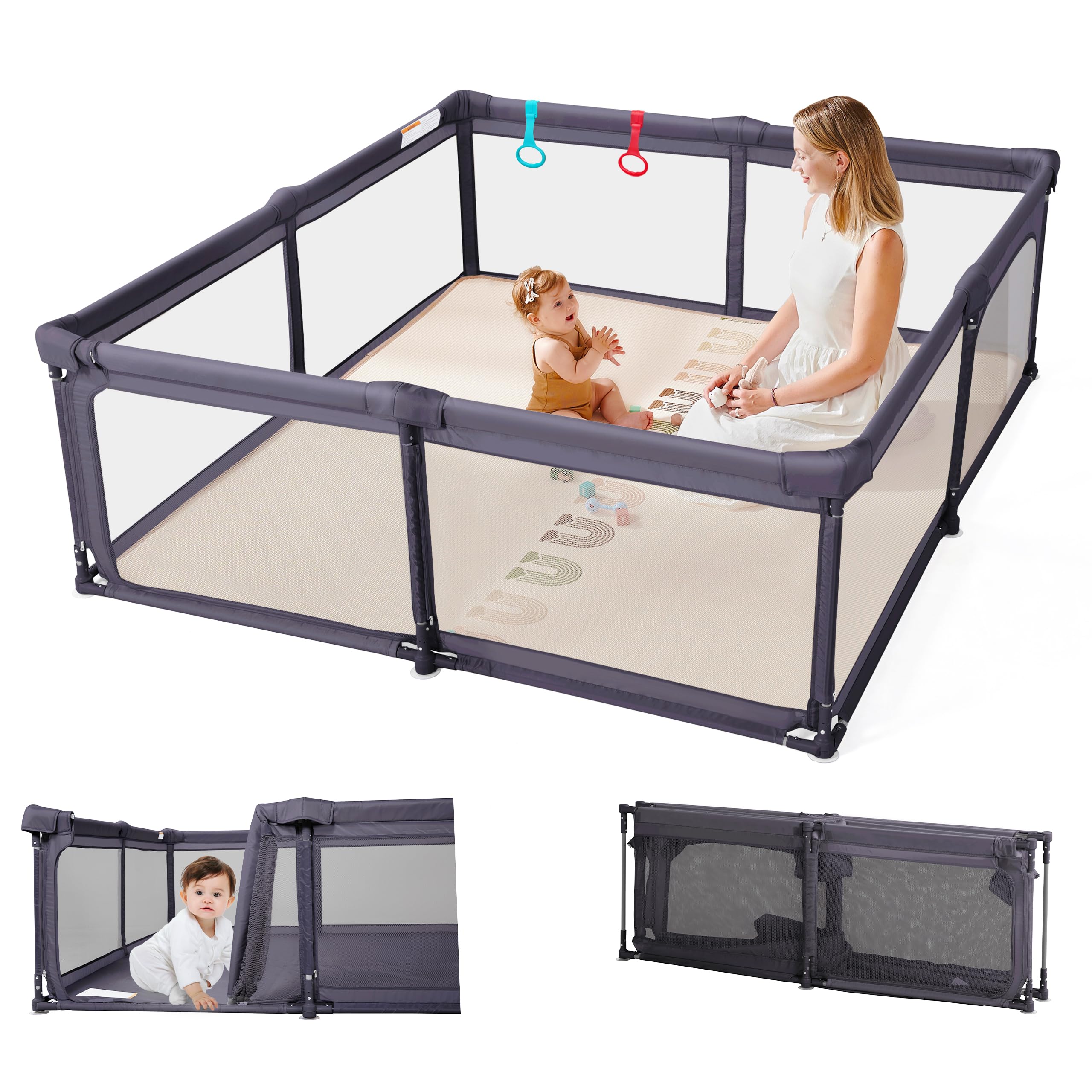 Doradotey Foldable Baby Playpen 200 × 180 cm with Walk-in Door, Large Playpen for Babies & Toddlers 0–3 Years, Tool-Free Assembly, 360° Breathable Mesh Play Yard, Indoor Playpen, Grey