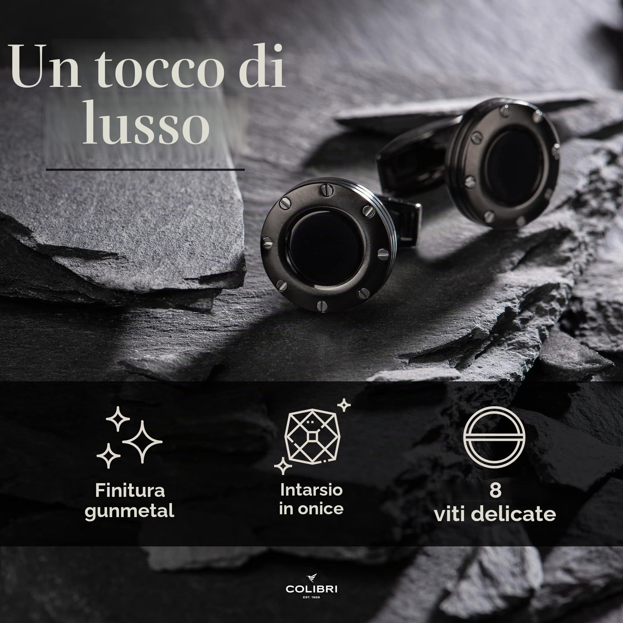 Colibri - Gemelli da uomo Daytona - Gemelli da polso di design con inserti in pietre naturali - Chiusura a coda di balena - Acciaio inossidabile lucidato/oro rosa/finitura canna di fucile
