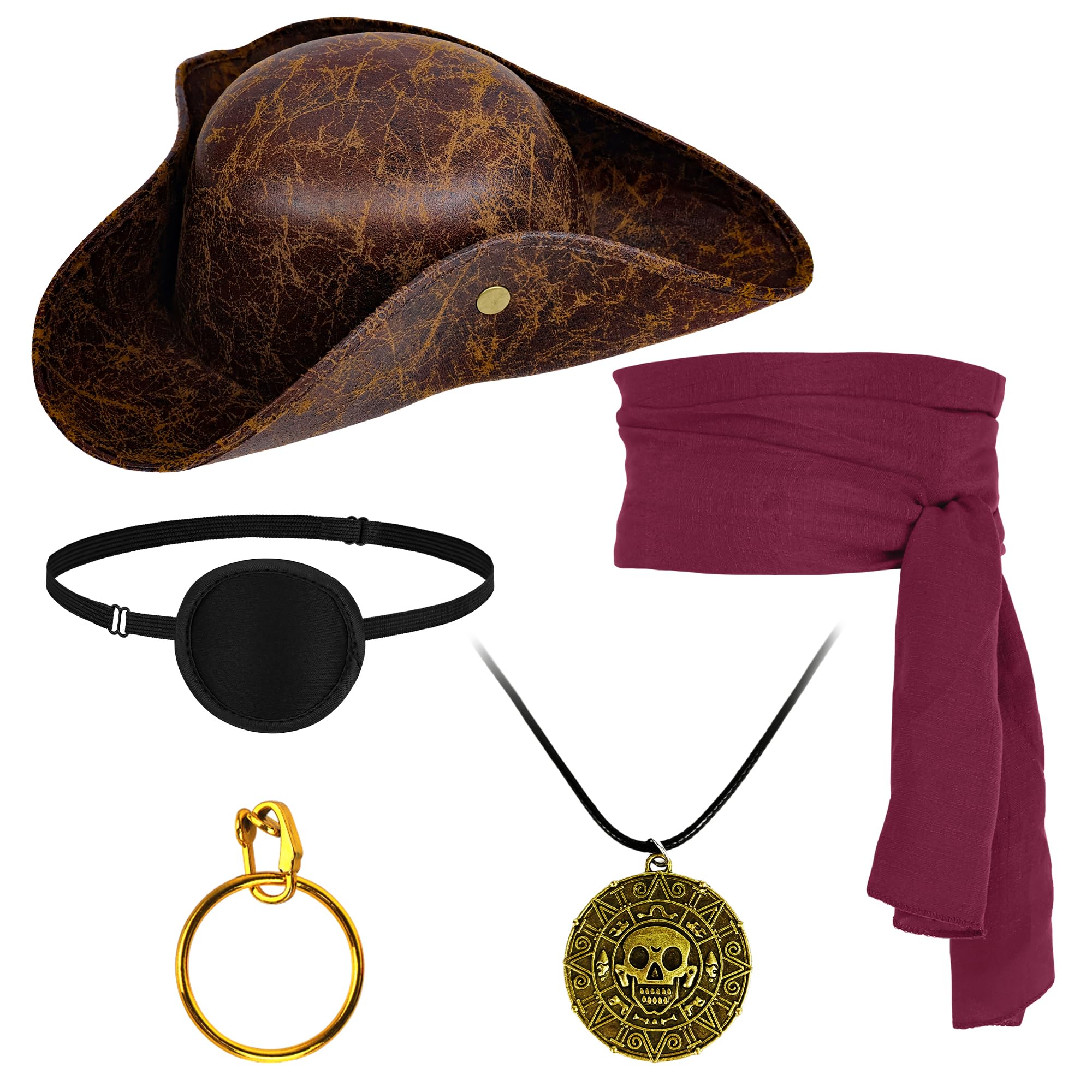 Ueyben Pirate Hat Costume, Pirate Costume Accessories with Pirates Hat Sash Eye Patch Necklace Earring for Men Women Halloween Renaissance Cosplay