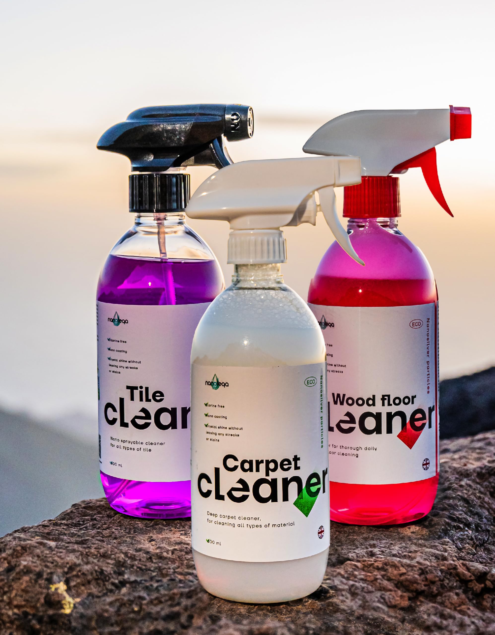 NANOTEQA -3pcs Bundle of Floor cleaners - Carpet Stain remover - Wood floor polish - Tile limescale remover - Eco-Friendly PH neutral 500ml