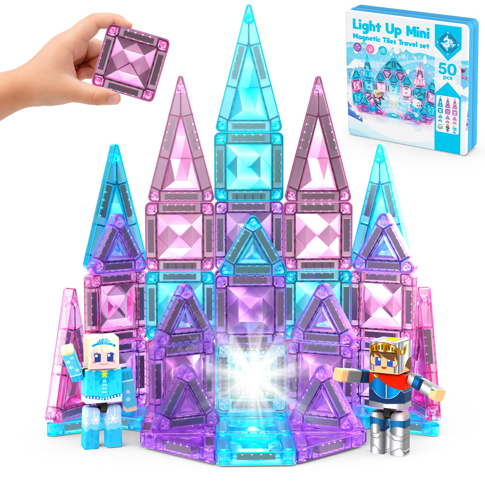 Magnetic Tiles 50pcs Light Up Ice Castle Travel Magnetic Tiles with 2 Magnetic Action Fig…