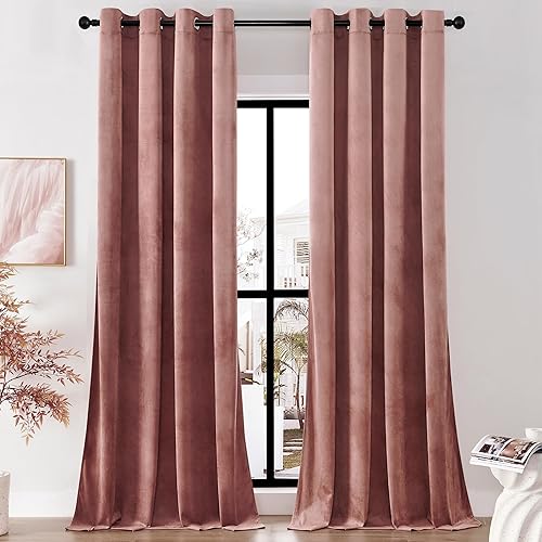 Timeper Velvet Curtains 84 inches - Elegant Décor Wild Rose Pink Blackout Curtains, Grommet Thermal Insulated Mauve Curtains Drapes for Living Room/Daughter Bedroom, Wild Rose, W52 x L84, 2 Panels
