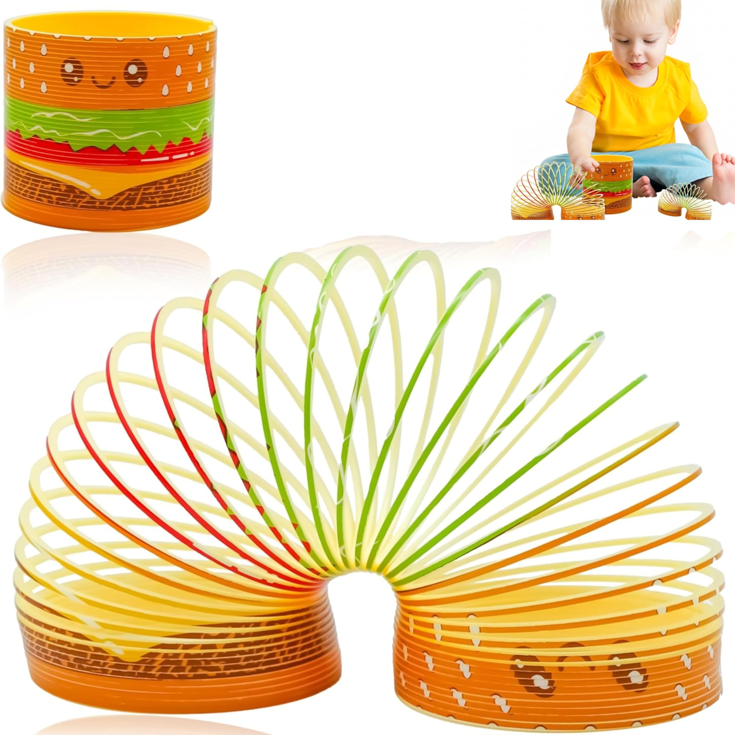 HOVUK Hamburger Spring Toy Colourful Stretchy Bouncing Slinky Fidget Toy for Kids, 7.3cm Sensory Toy, Party Bag Fillers, Classroom Prizes, Gifts for Boys and Girls Age 3+