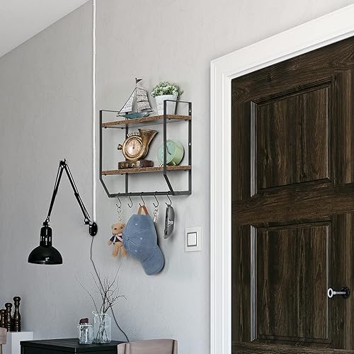 Miniatura 4 de Toallero con estante de pared de 2 niveles con ganchos para barra de toalla para baño, sala de estar, cocina, marrón