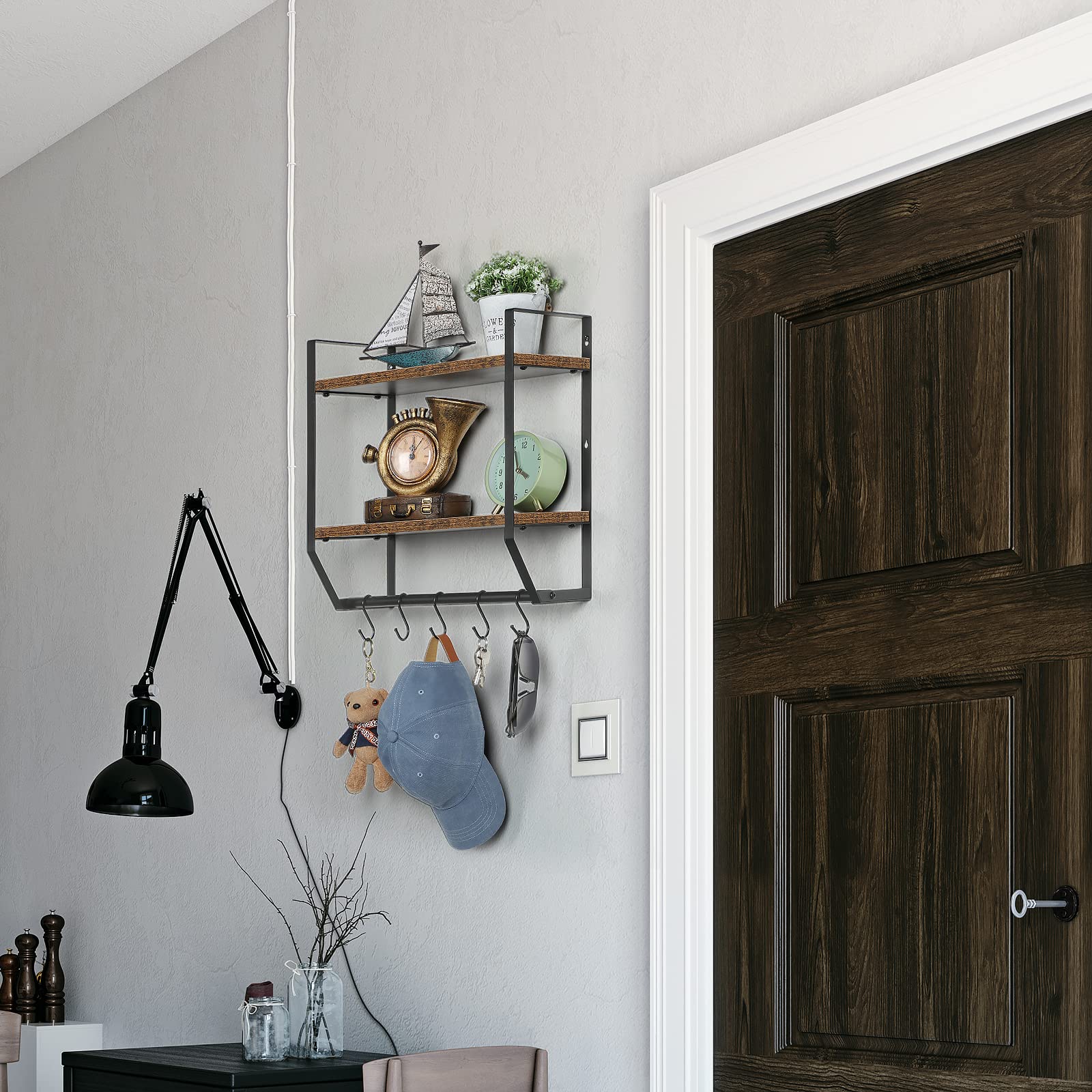 Mensola Industriale Per Tubi 61 Cm - 2 Ripiani In Legno Con Porta Asciugamani Per Bagno, Stile Retrò Nero - 4