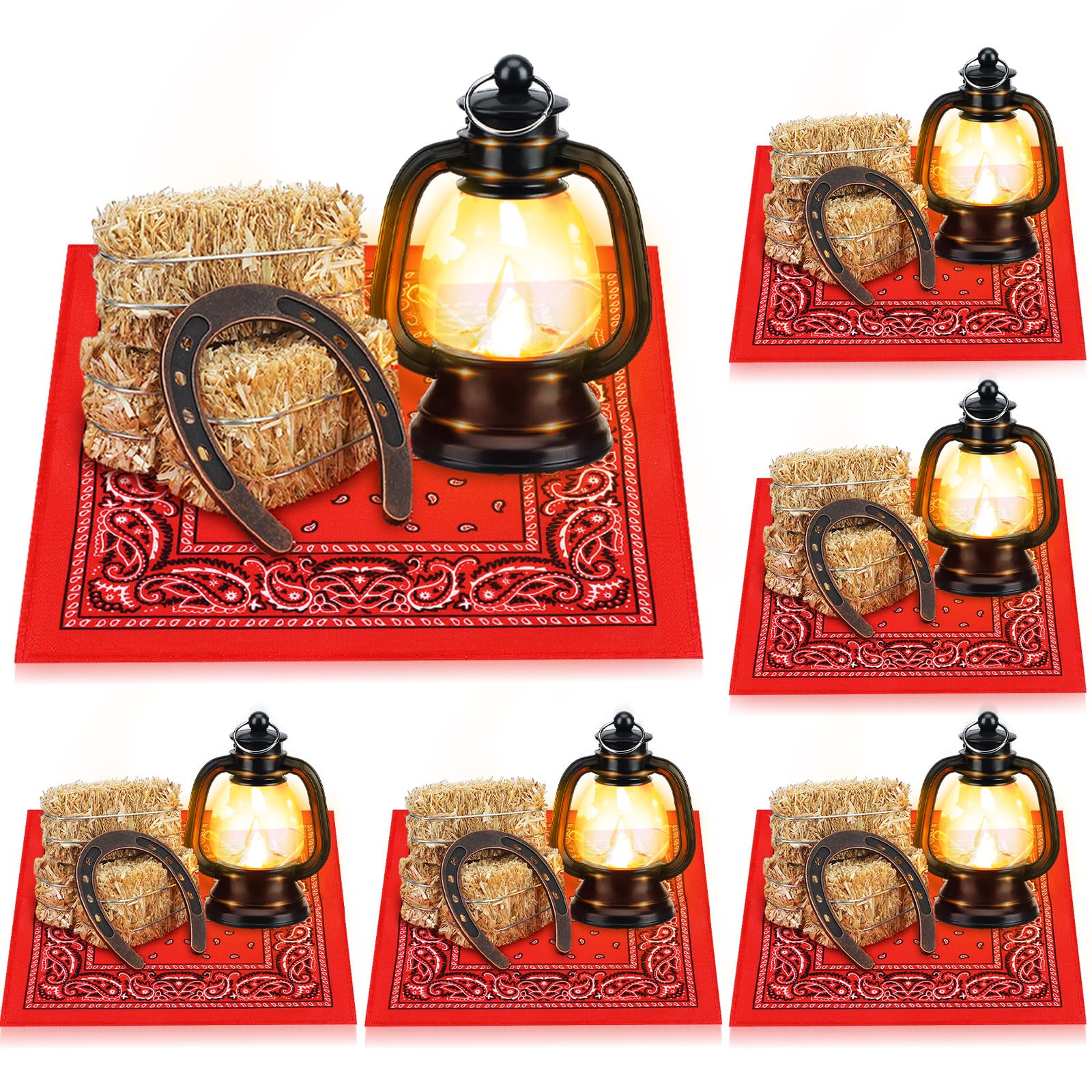 Shihanee 36 Pcs Western Party Decorations Cowboy Table Centerpieces Mini Hay Bale Horseshoe Lantern Bandanna for Western Cowboy Cowgirl Derby Wedding Birthday Baby Shower Supplies(Red)