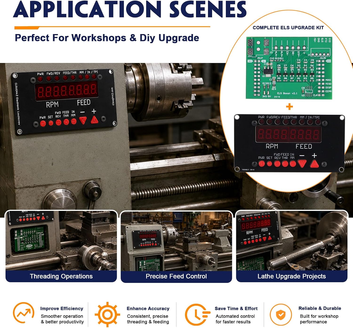 Electronic Leadscrew ELS Kit Compatible with CLOUGH42 for Manual Lathe | Interface PC Board and Control Panel, ELS Booster Pack, Threading Feed Control Upgrade Kit, Manual Lathe Conversion
