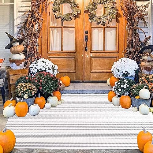 Miniatura 4 de BUAGETUP Alfombra de exterior gris y blanca de 3 x 5 pies, tejida a mano, lavable a mano, lavable a máquina, para interiores y exteriores, alfombra