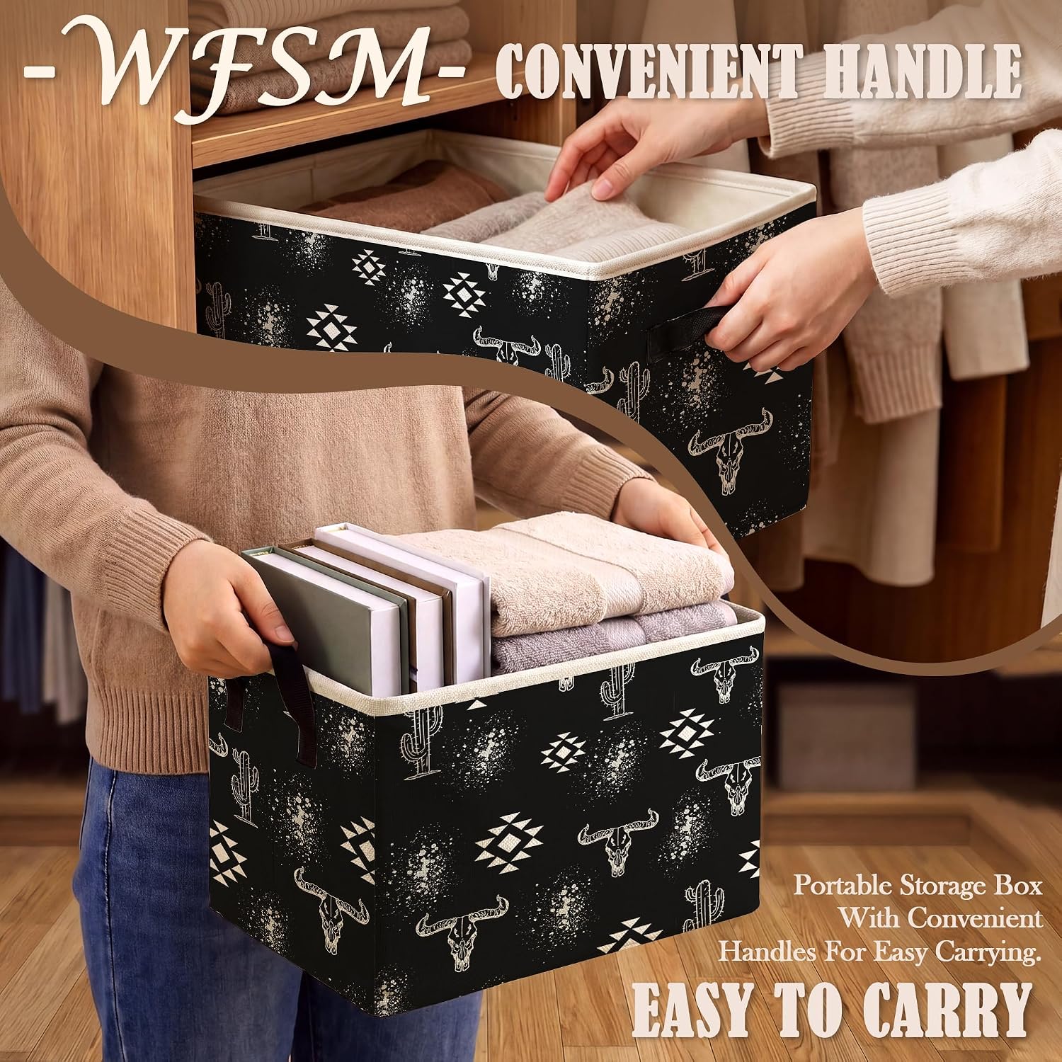WFSM Black Western Storage Bin Organizer, Western Home Decor, Boho Cow Skull Aztec Cactus Collapsible Laundry Basket Storage Bin with Handles for Bedroom Bathroom Toys Clothes Books image 5