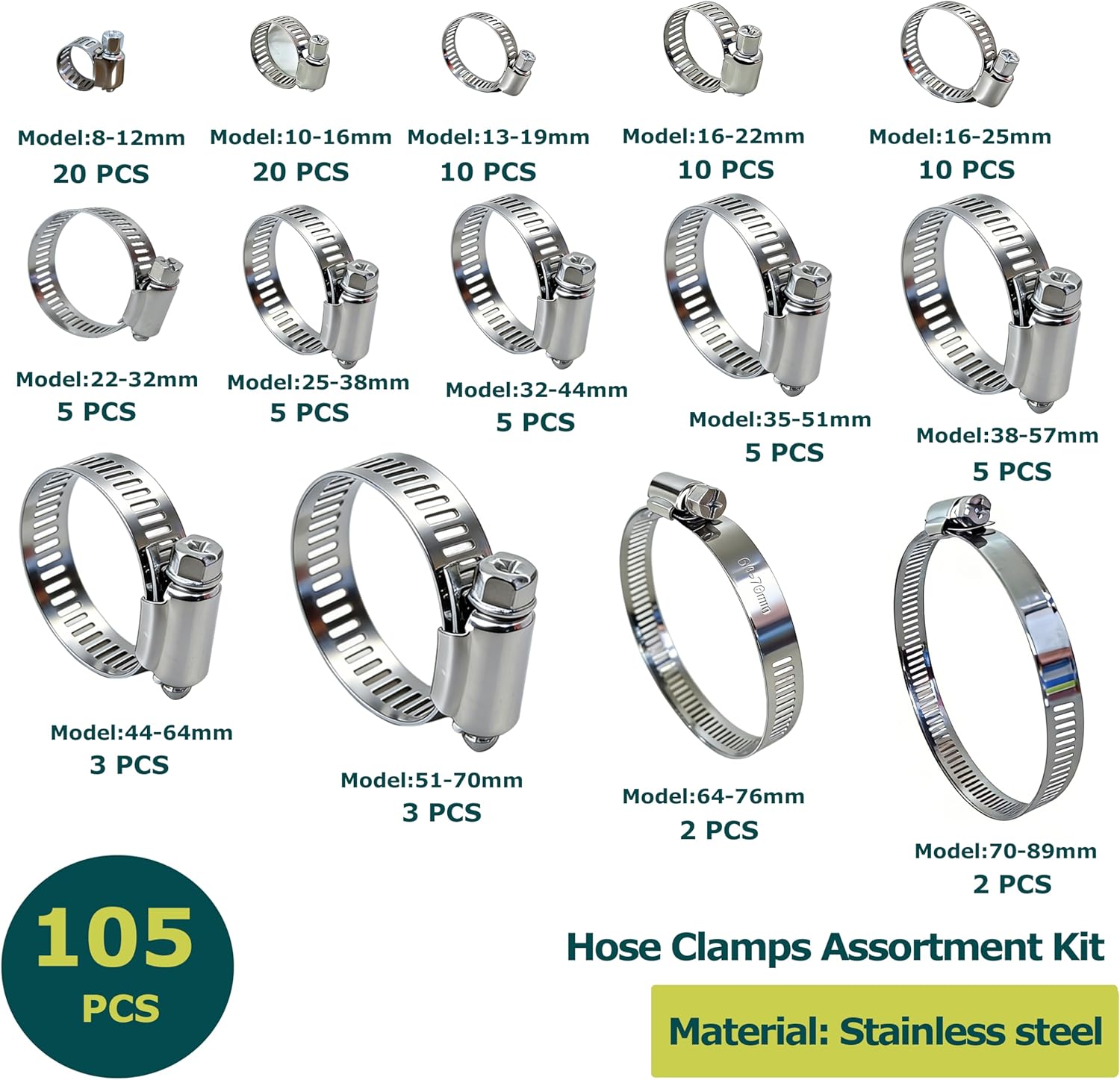 105 Pcs Hose Clamps Assortment Kit,Stainless Steel Screw Clamp Adjustable,Metal Worm Gear Duct Clamp for Automotive, Fuel Line, Garden, Heater, Radiator Tube Pipe (105PCS KIT - (Full Size Mixed))
