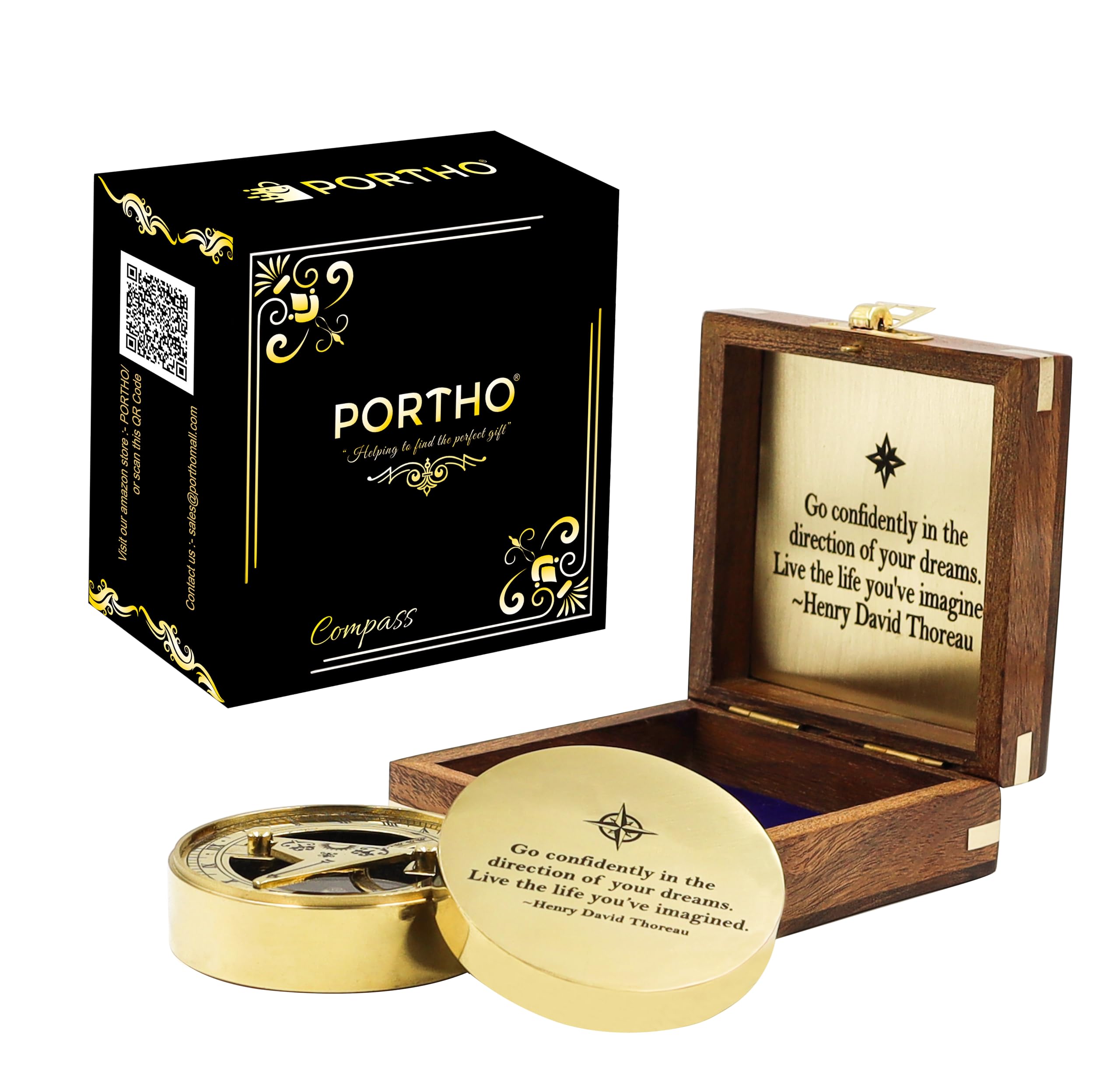 Thoreau's Go Confidently Sundial Compass with Wooden box, Graduation gifts, Baptism, Confirmation, Adventure, Inspirational Gifts