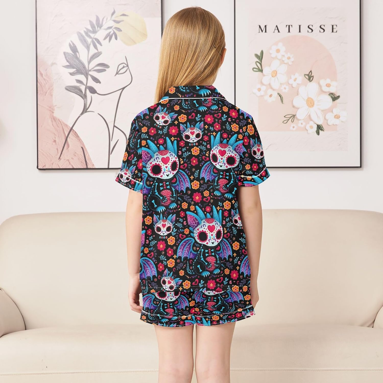 Kids Satin Wear Set Skeleton Dragon Pattern Relaxed Fit Clothing Short Sleeve and Shorts
