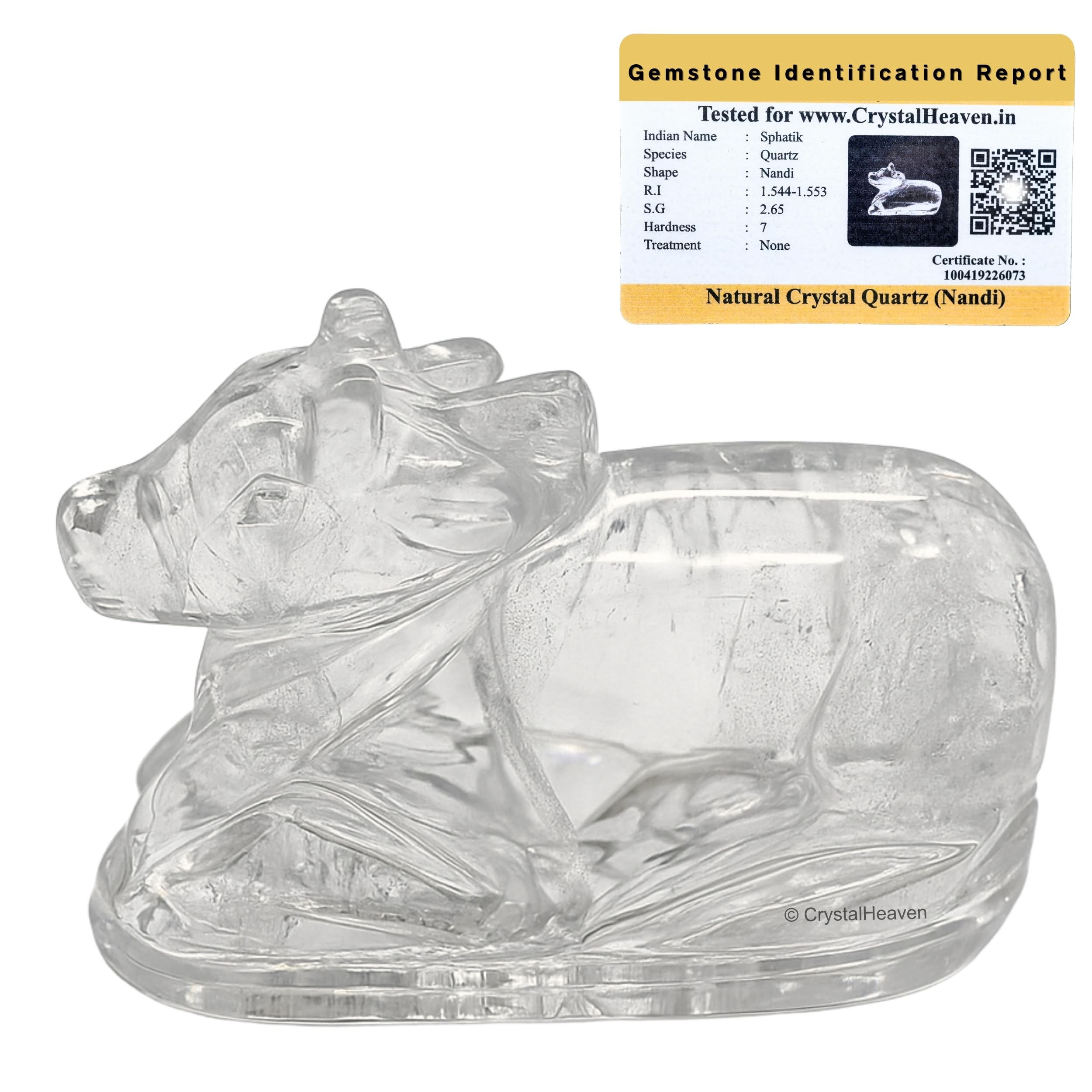 Crystal Heaven Sphatik Nandi Original Certified Idol - AAA Grade Sphatik Healing Clear Quartz Crystal for Mediation Pooja (10-20 Gram), Idol