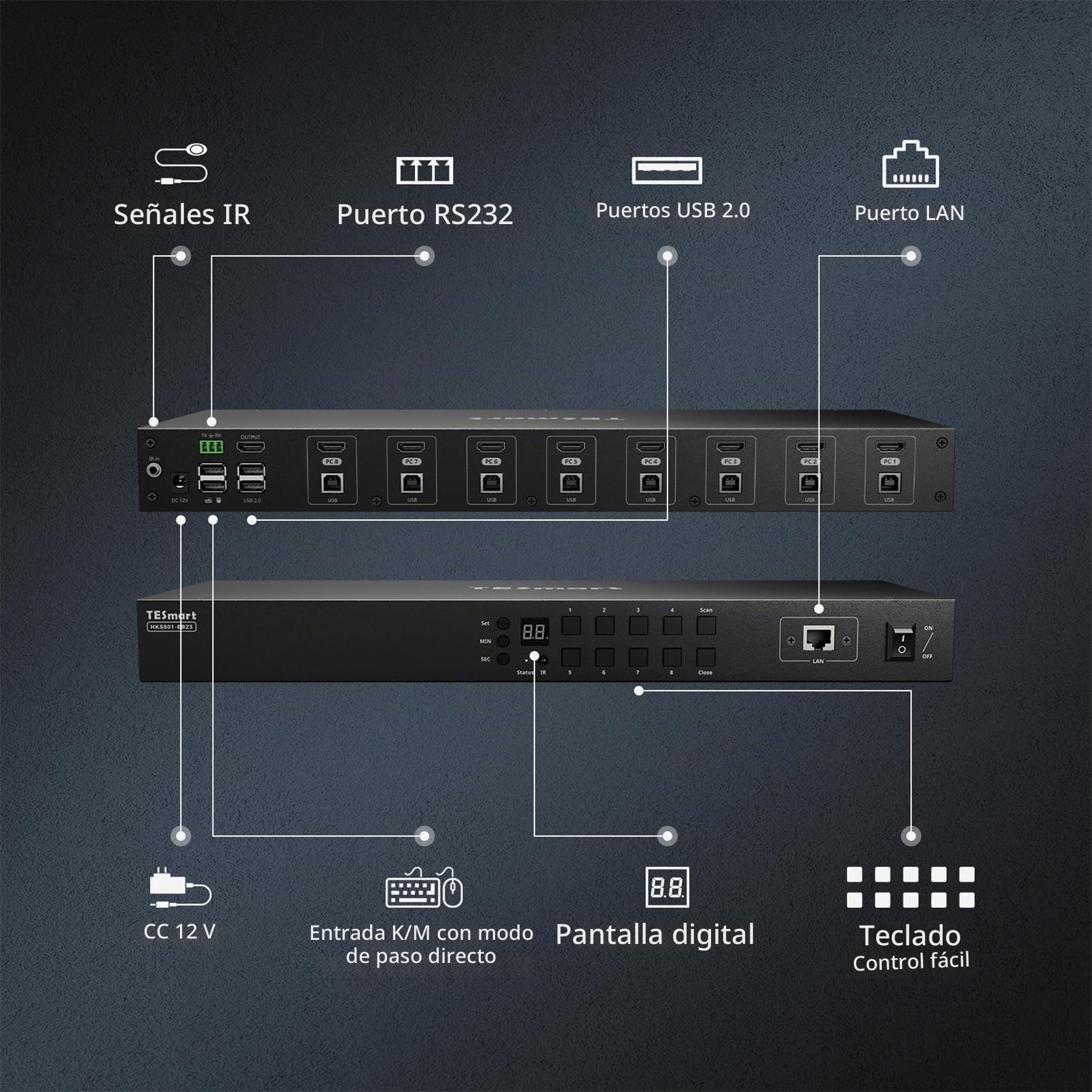 TESmart Conmutador KVM HDMI de 8 puertos, 8x1 4K@30Hz 60Hz KVM Switch, Emulador EDID, RS232,Escaneo Automático, Teclas de Acceso Rápido, Botones, IR,Pantalla LCD,Seguridad Interna Sin Red,8 PC Cable